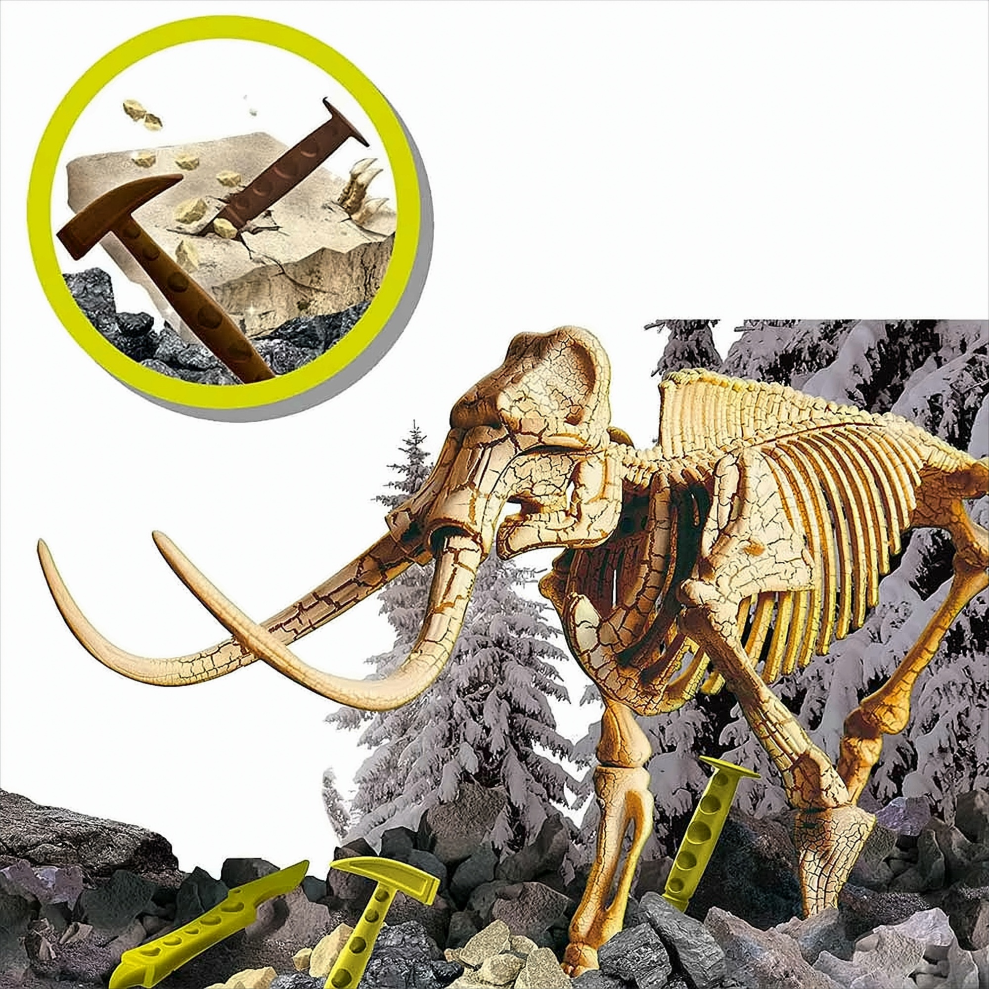 Esqueleto de mamut con herramientas de excavación y rocas, sobre un fondo de montaña nevada.
