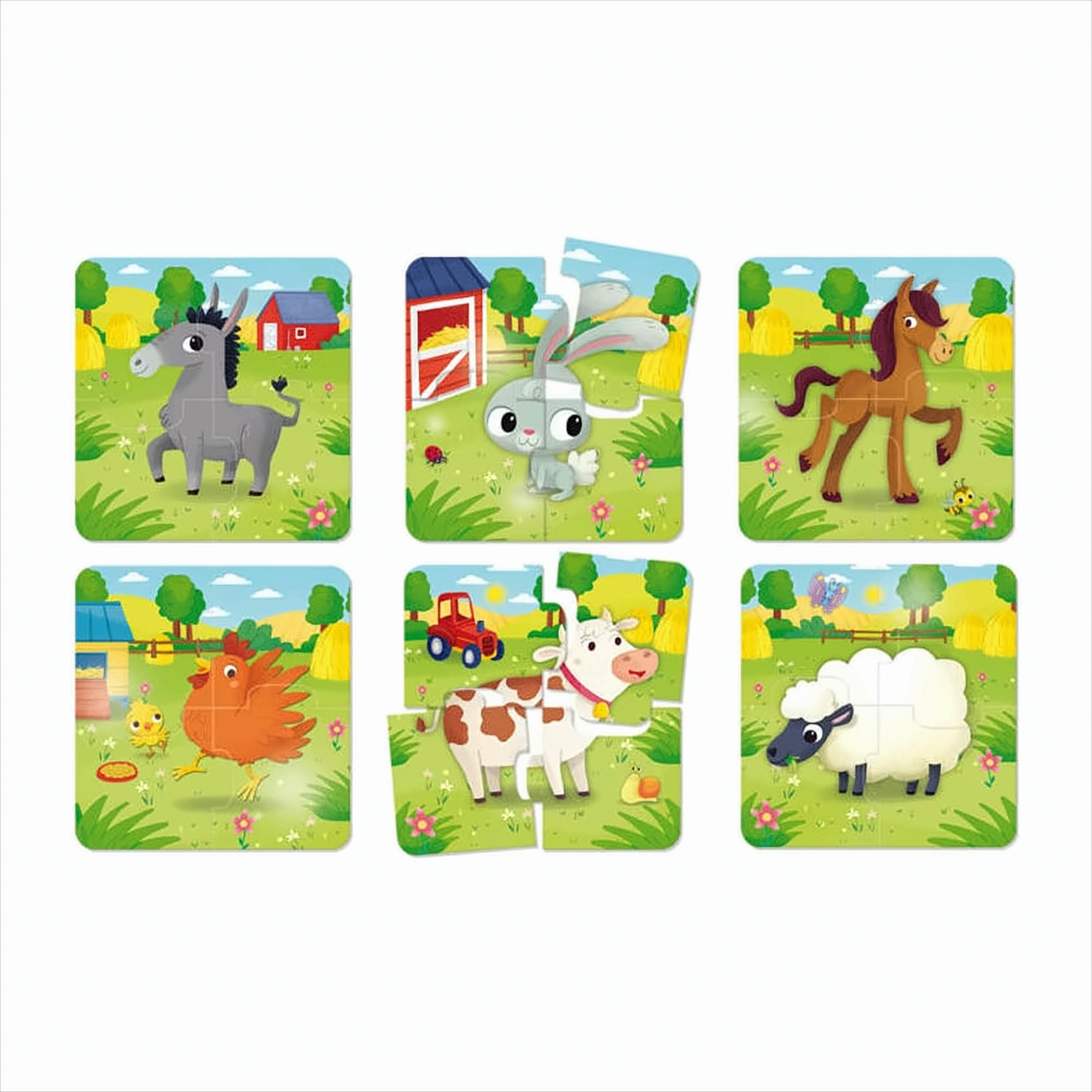 Sei puzzle di animali da fattoria, ognuno raffigurante un animale diverso in una scena di fattoria.