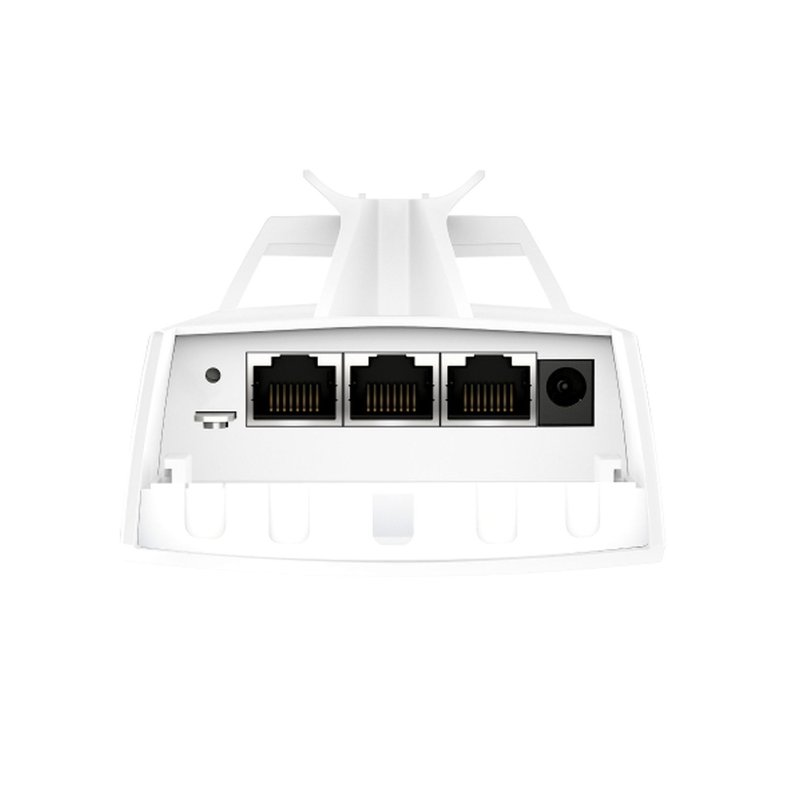 Beyaz yönlendiricinin arka görünümü, üç ethernet bağlantı noktası, bir güç bağlantı noktası. Bir montaj braketi ve küçük bir sıfırlama düğmesi var.