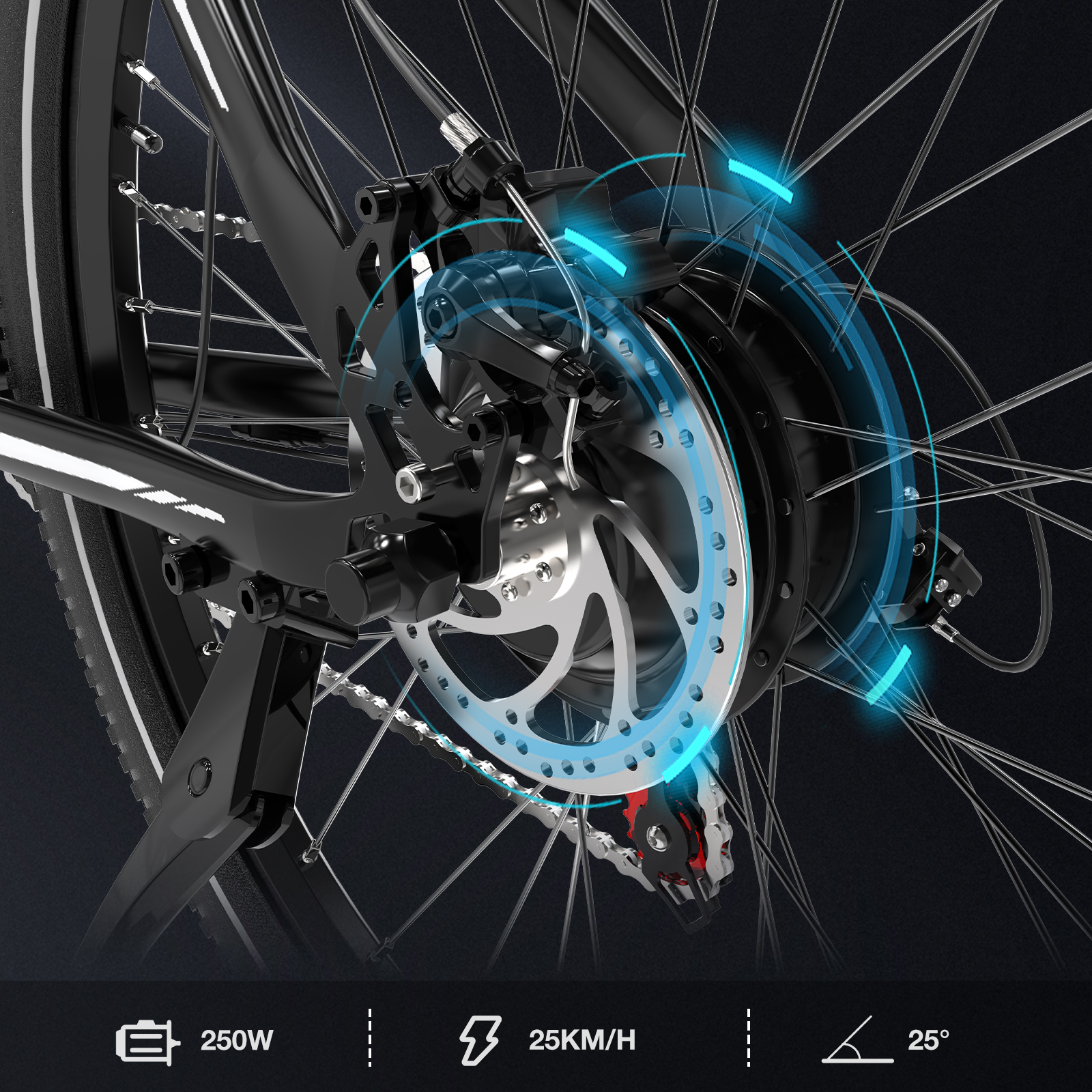 Zbliżenie koła roweru z hamulcem tarczowym. Ma czarną oponę i srebrną tarczę.