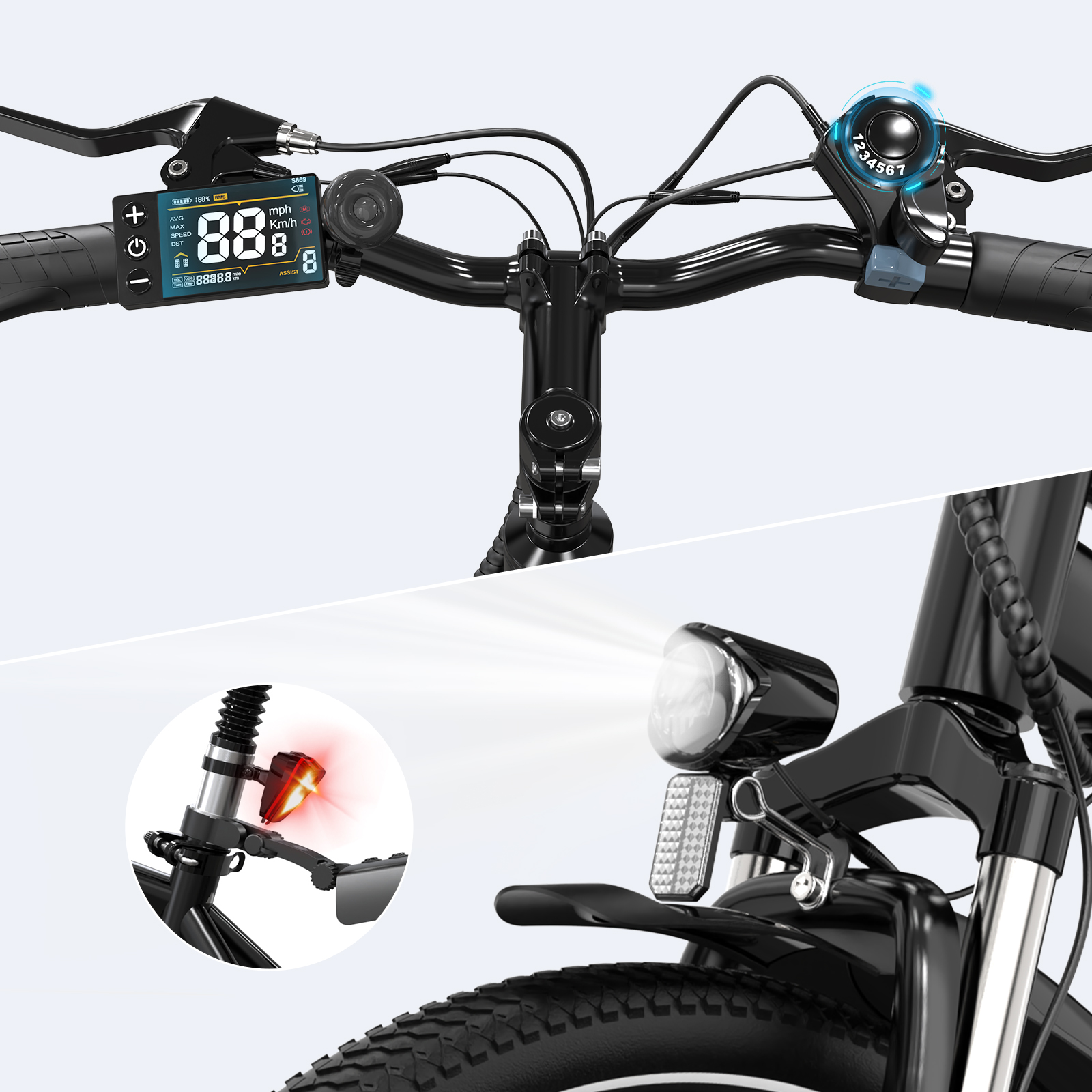 Szczegół roweru elektrycznego z kierownicą, wyświetlaczem i światłami z przodu.