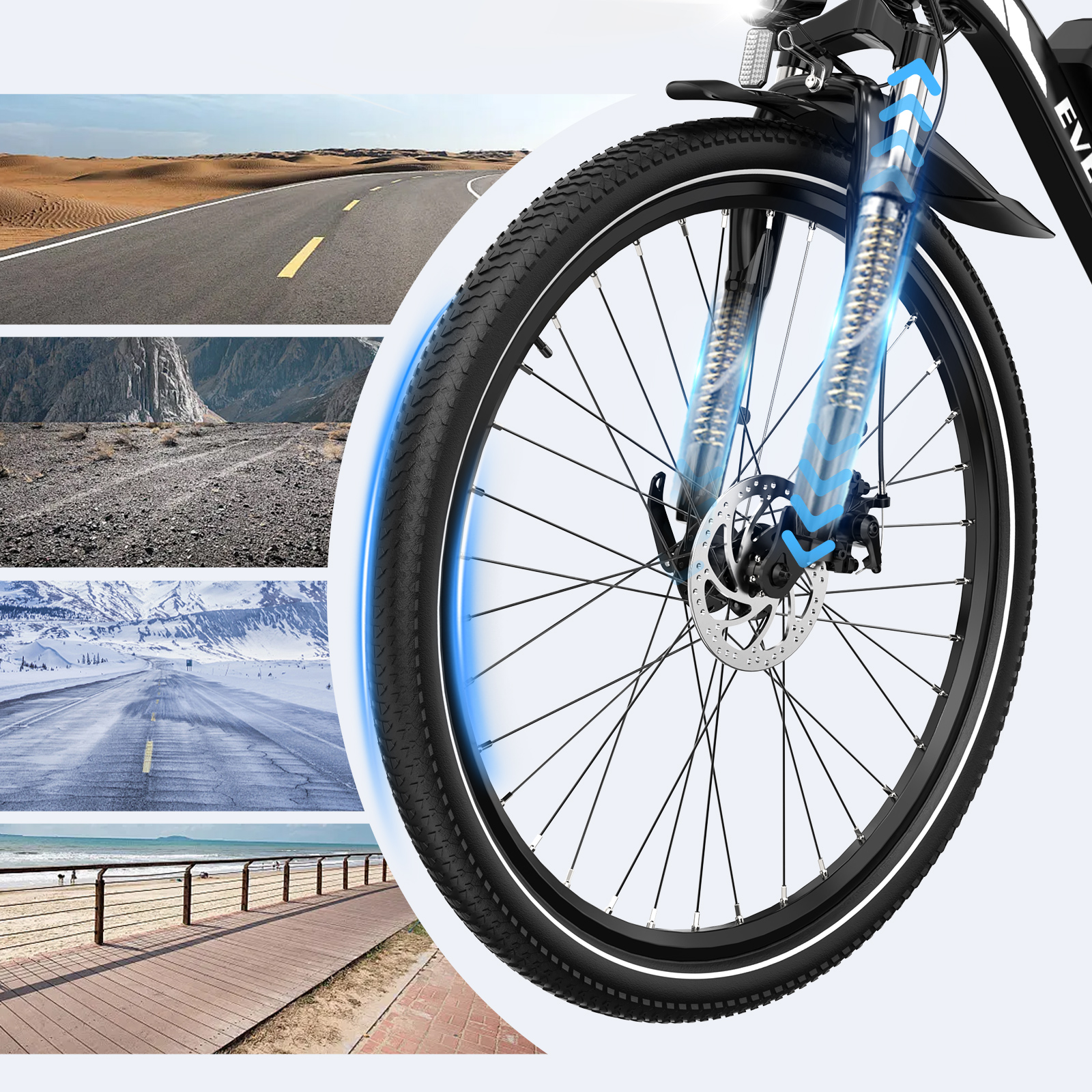 Zbliżenie koła roweru z różnymi terenami w tle. Niebieskie linie podkreślają koło.