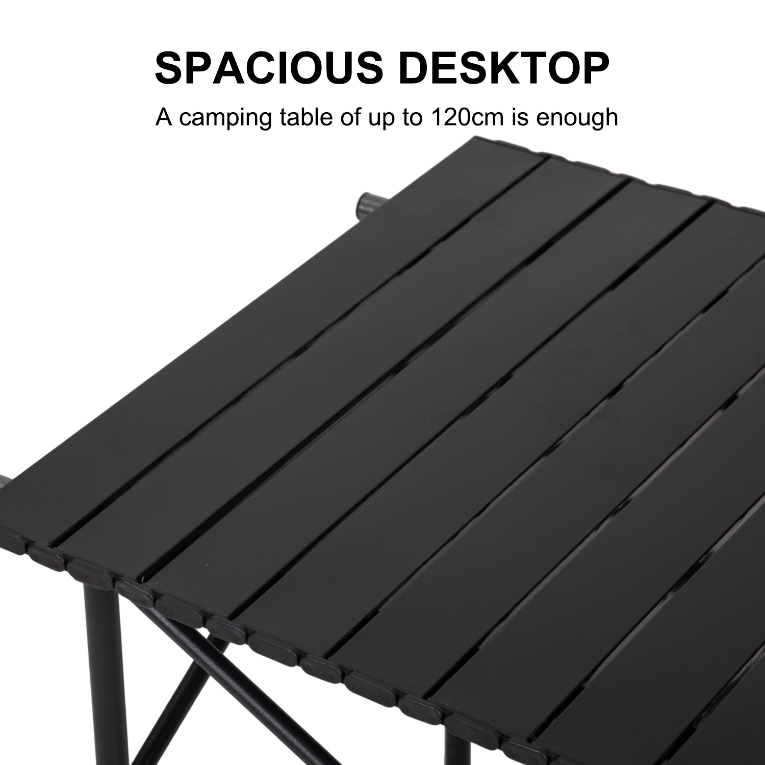 Una mesa de camping negra con listones de madera. Texto: ESCRITORIO ESPACIOSO, una mesa de camping de hasta 120 cm es suficiente.