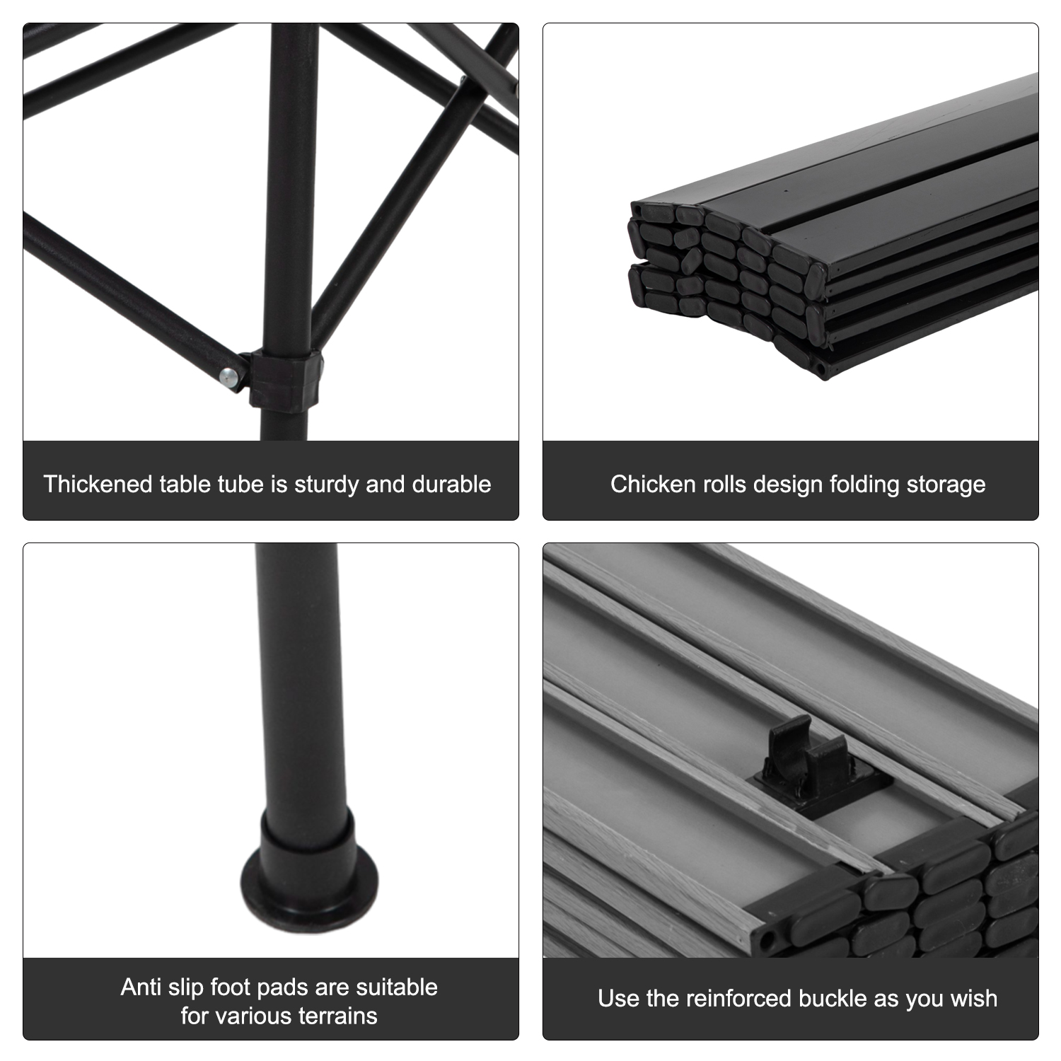 Cuatro imágenes que detallan una mesa plegable negra, con descripciones de texto.