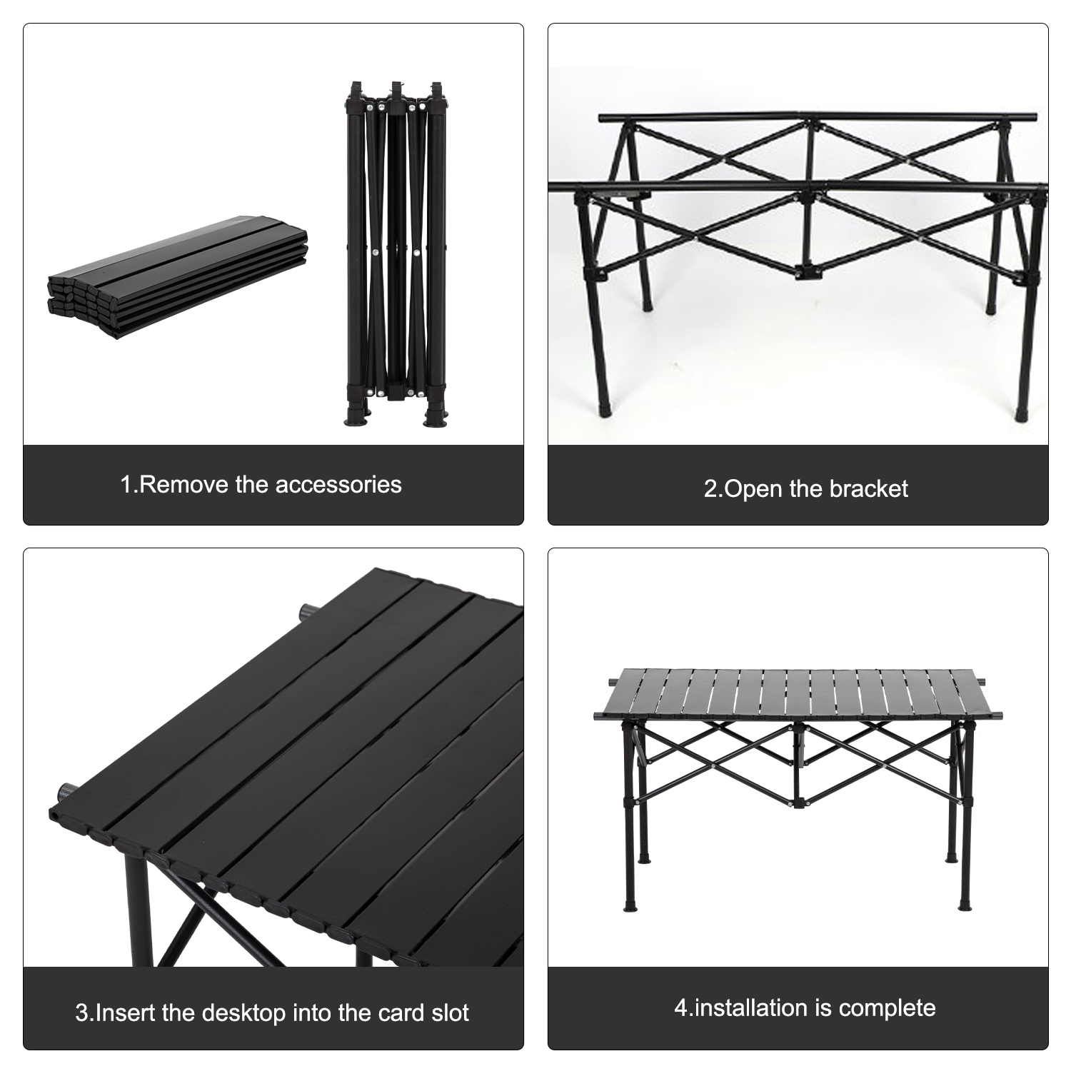 Guía de cuatro pasos para ensamblar una mesa plegable negra con instrucciones de texto.