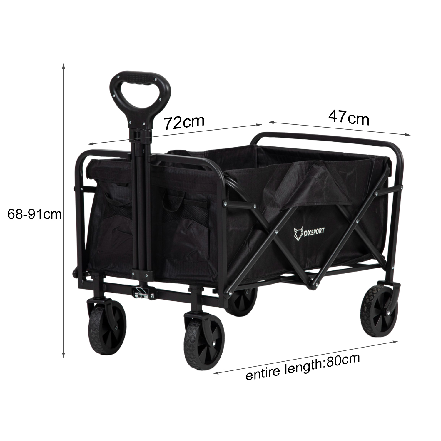 Schwarzer Klapp-Utility-Wagen mit Griff. Abmessungen: 72 cm hoch, 47 cm breit, Gesamtlänge 80 cm. Vier Räder.