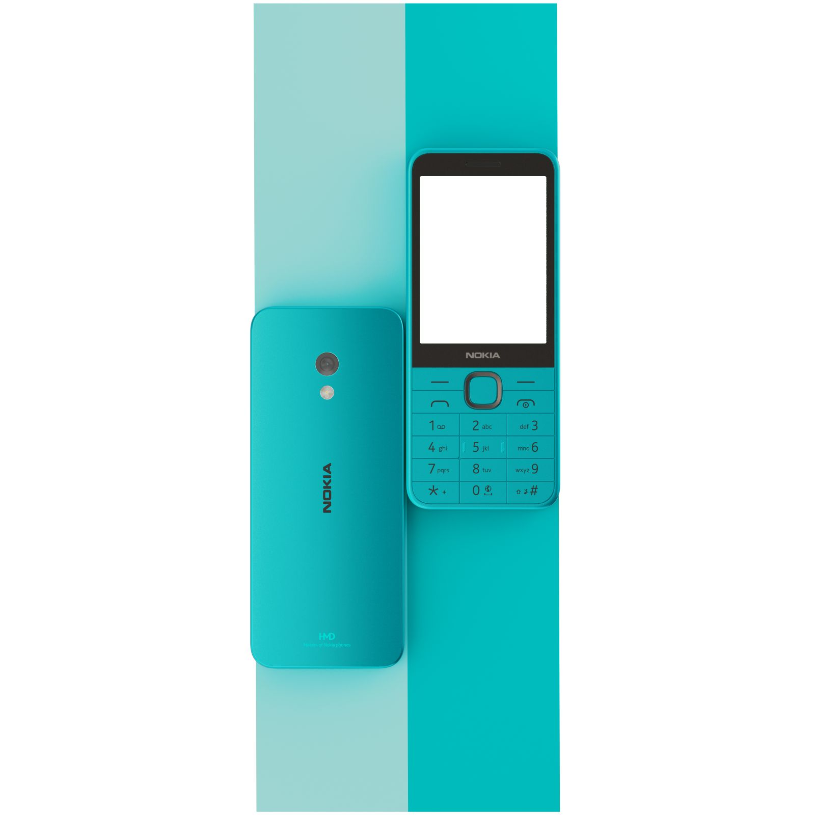Due telefoni Nokia turchese, uno con schermo acceso, l'altro mostra il retro.