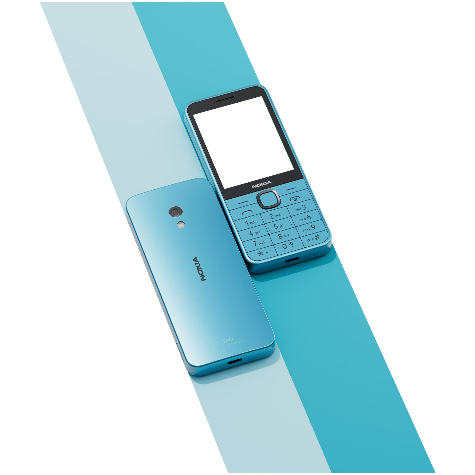 Due telefoni Nokia blu, uno mostra il retro e l'altro il davanti.