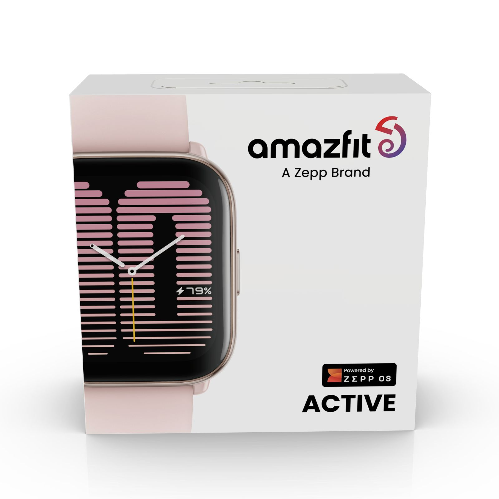 Un reloj inteligente rosa en una caja blanca con el logo de Amazfit, una marca Zepp y la palabra ACTIVE.