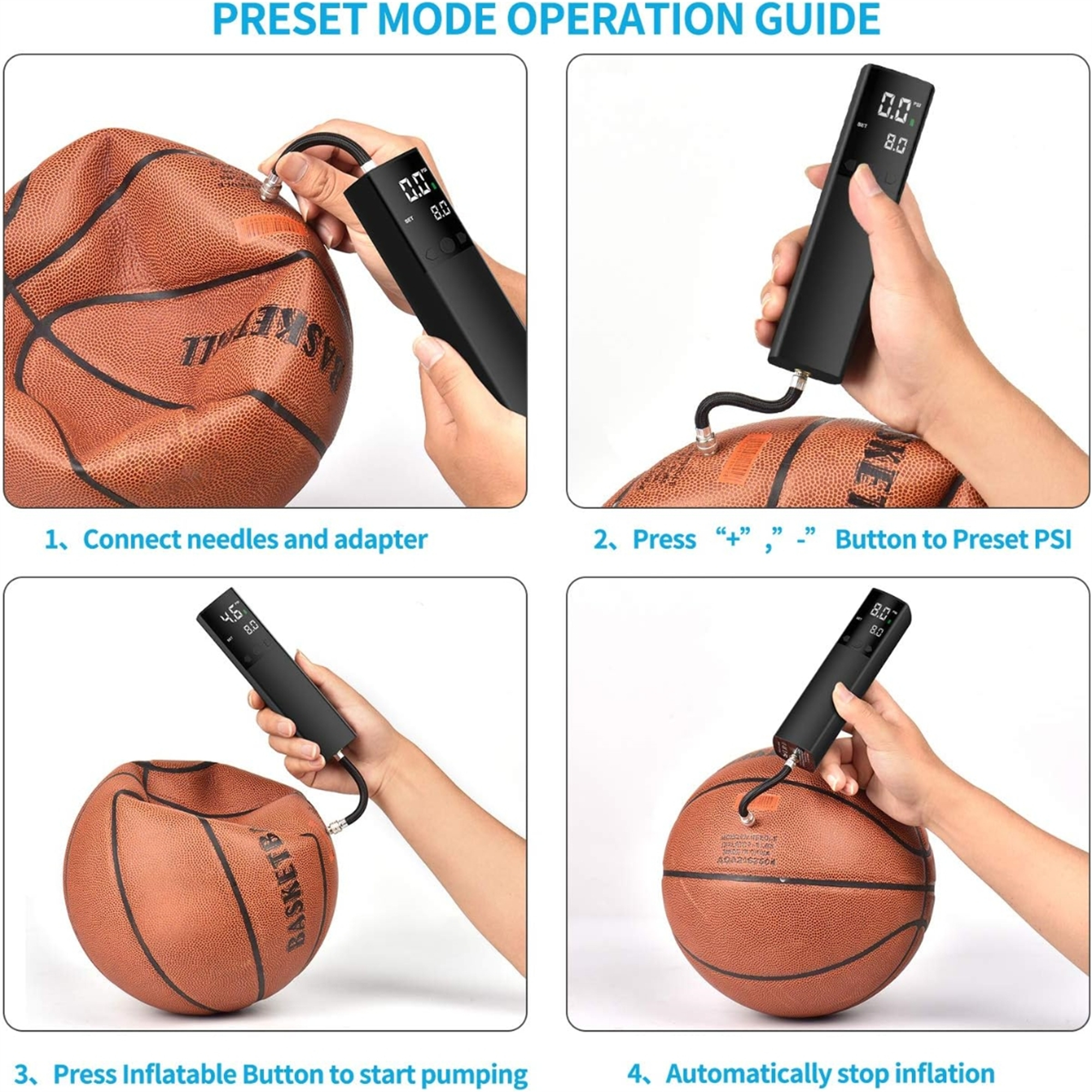 Anleitungsbilder zur Verwendung einer schwarzen digitalen Pumpe und Nadel zum Aufpumpen eines Basketballs.