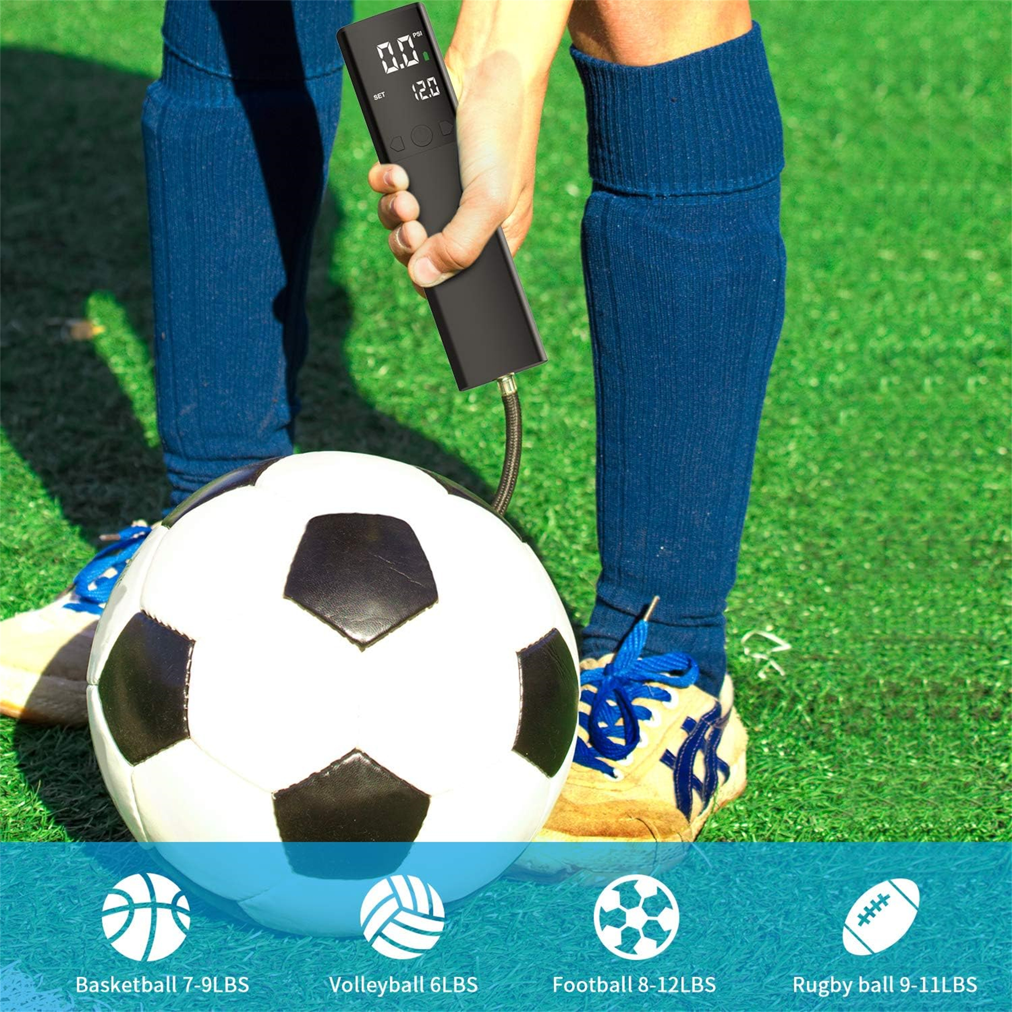 Person pumpt einen Fußball auf. Ein digitales Display zeigt den Druck an.