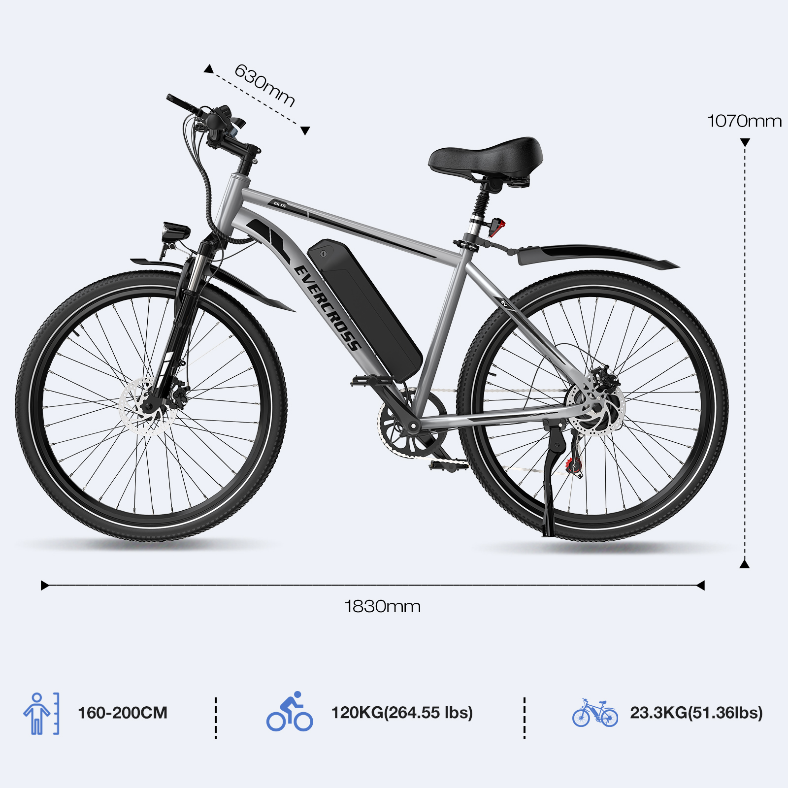 Srebrno-czarny rower elektryczny z wymiarami. Rower ma czarną baterię i opony.