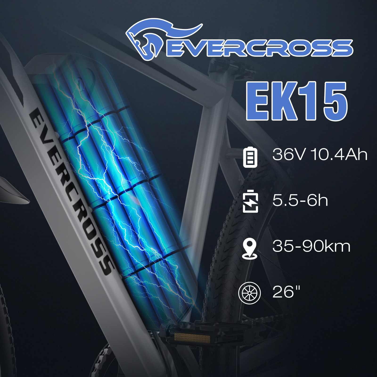 Rower elektryczny z tekstem o baterii i wskaźnikach wydajności.