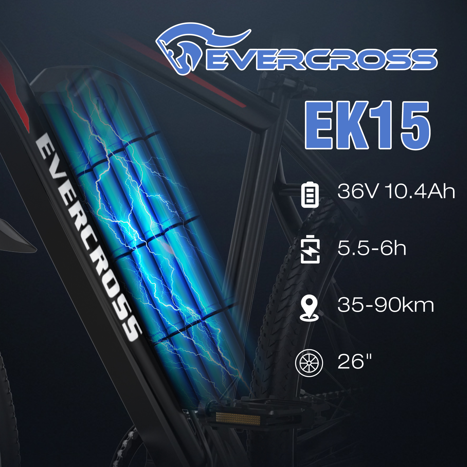 Czarno-czerwony rower elektryczny z niebieską baterią. Szczegóły: bateria, zasięg i rozmiar koła.