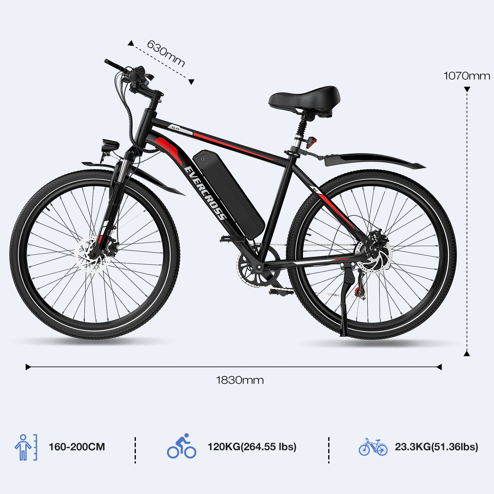 Czarno-czerwony rower elektryczny z wymiarami i specyfikacjami, białe tło.