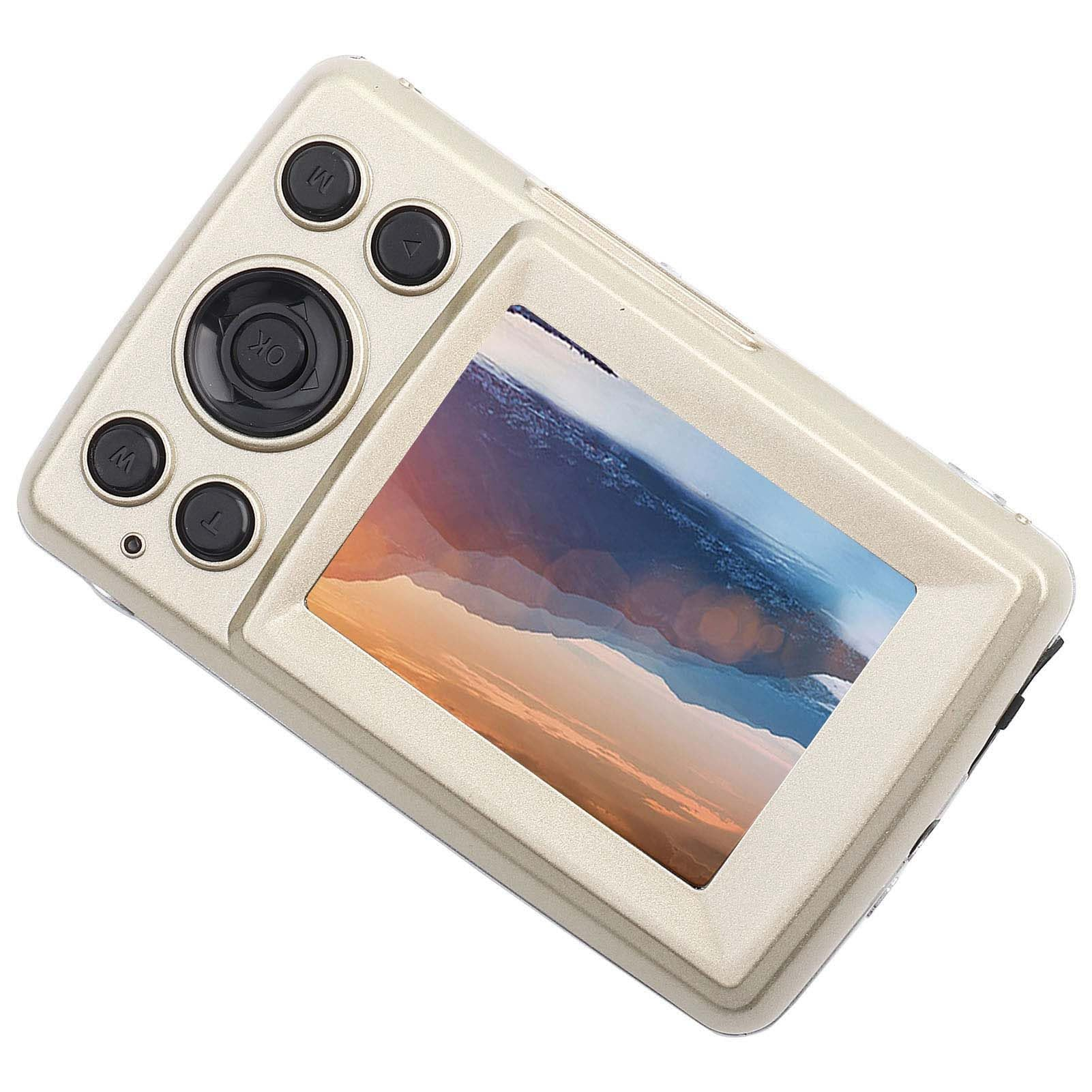 A small, beige digital camera with a screen showing a landscape image. Buttons around the screen.