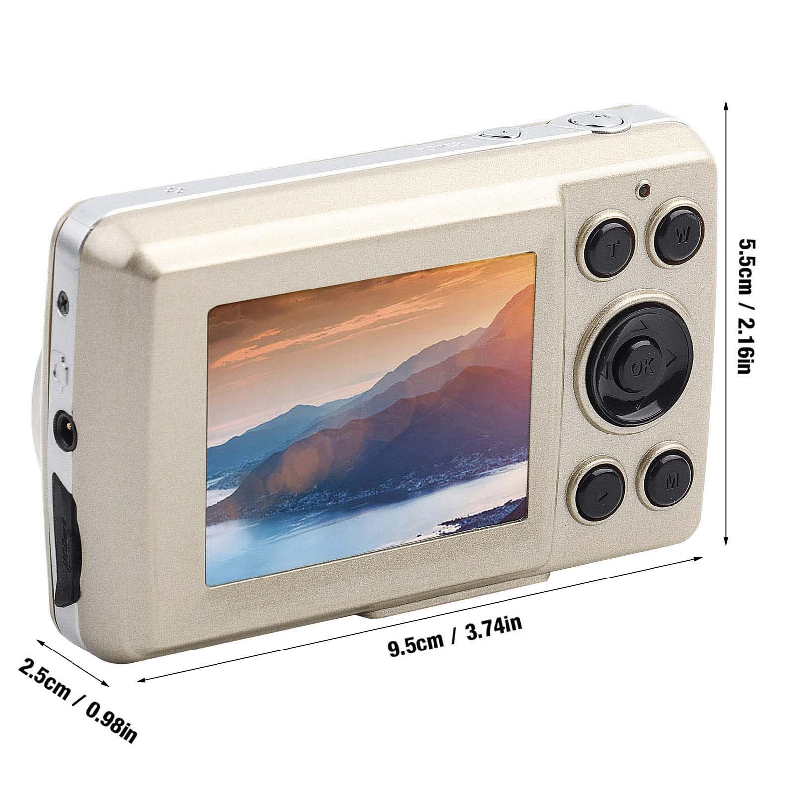 Gold digital camera with screen displaying landscape and buttons.