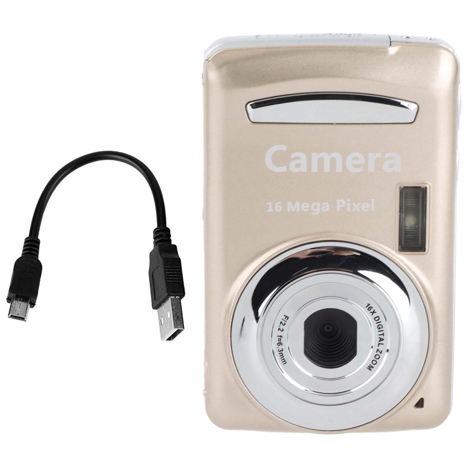 A gold digital camera with a black cable. The camera has a flash and lens.