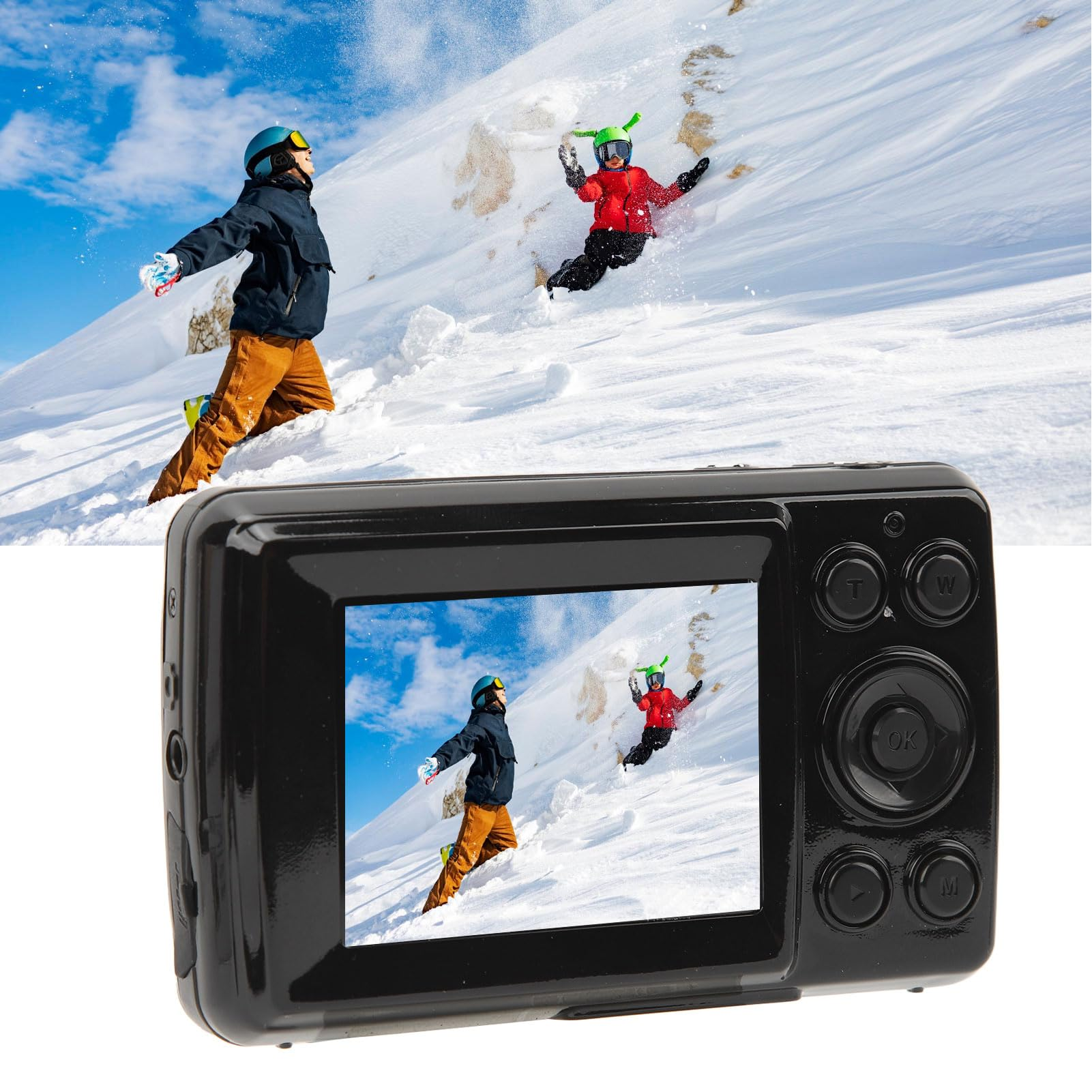 Czarny aparat pokazujący scenę narciarską. Dwóch narciarzy na zaśnieżonym stoku. Tło to niebieskie niebo.