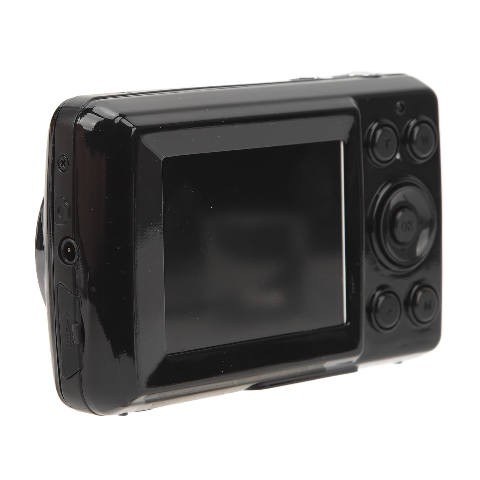 Czarny aparat cyfrowy. Ma ekran z tyłu i kilka przycisków.