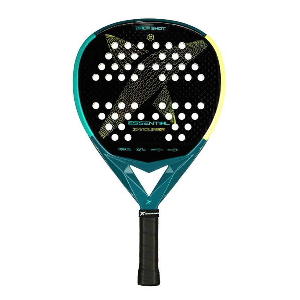 Una racchetta da padel verde acqua e nera con manico nero.