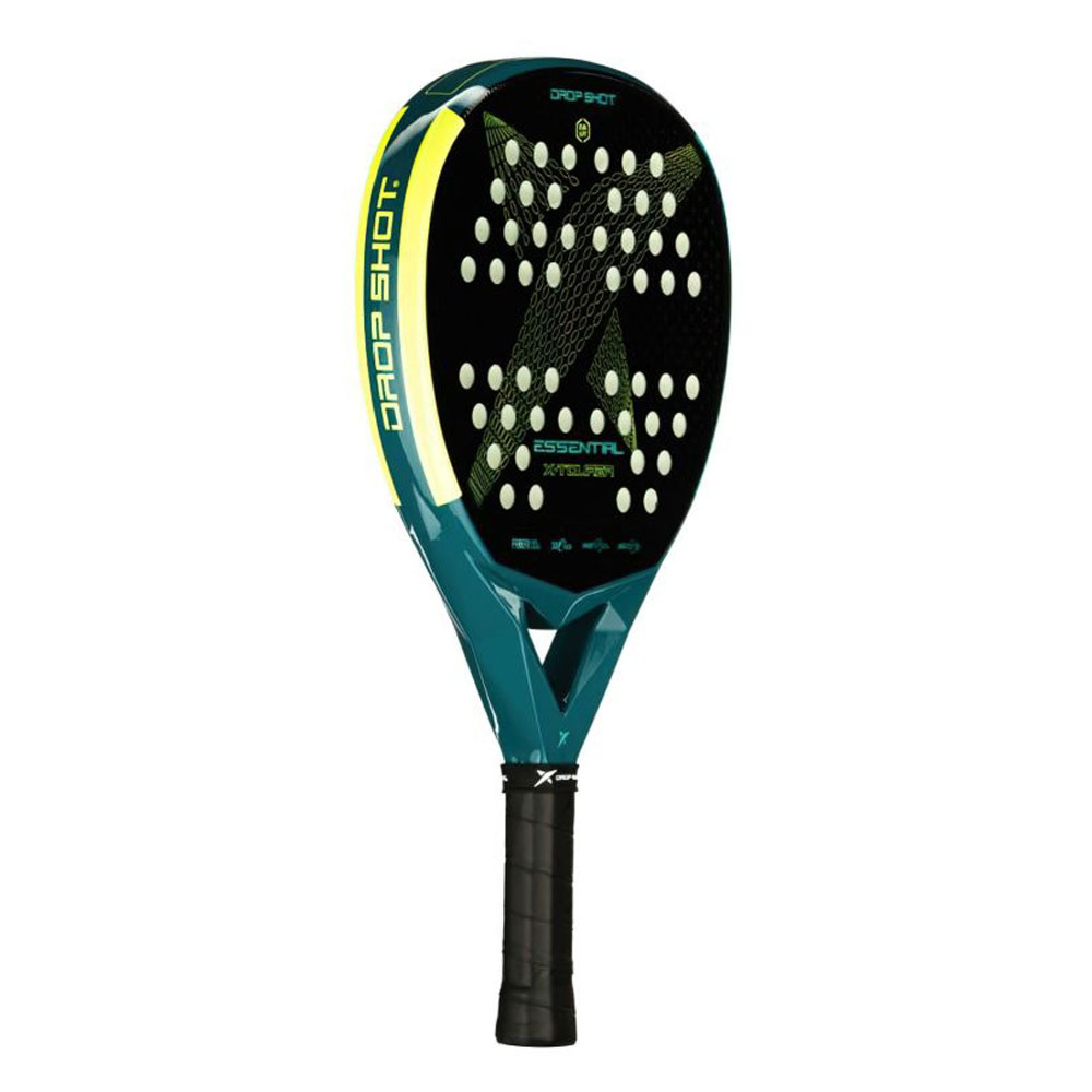 Racchetta da paddle Drop Shot Essential. Design verde e giallo con manico nero.