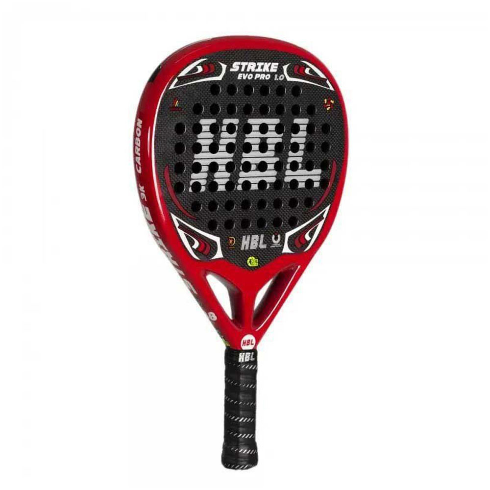 Una raqueta de pádel roja y negra con la marca HBL Strike Evo Pro Lo.