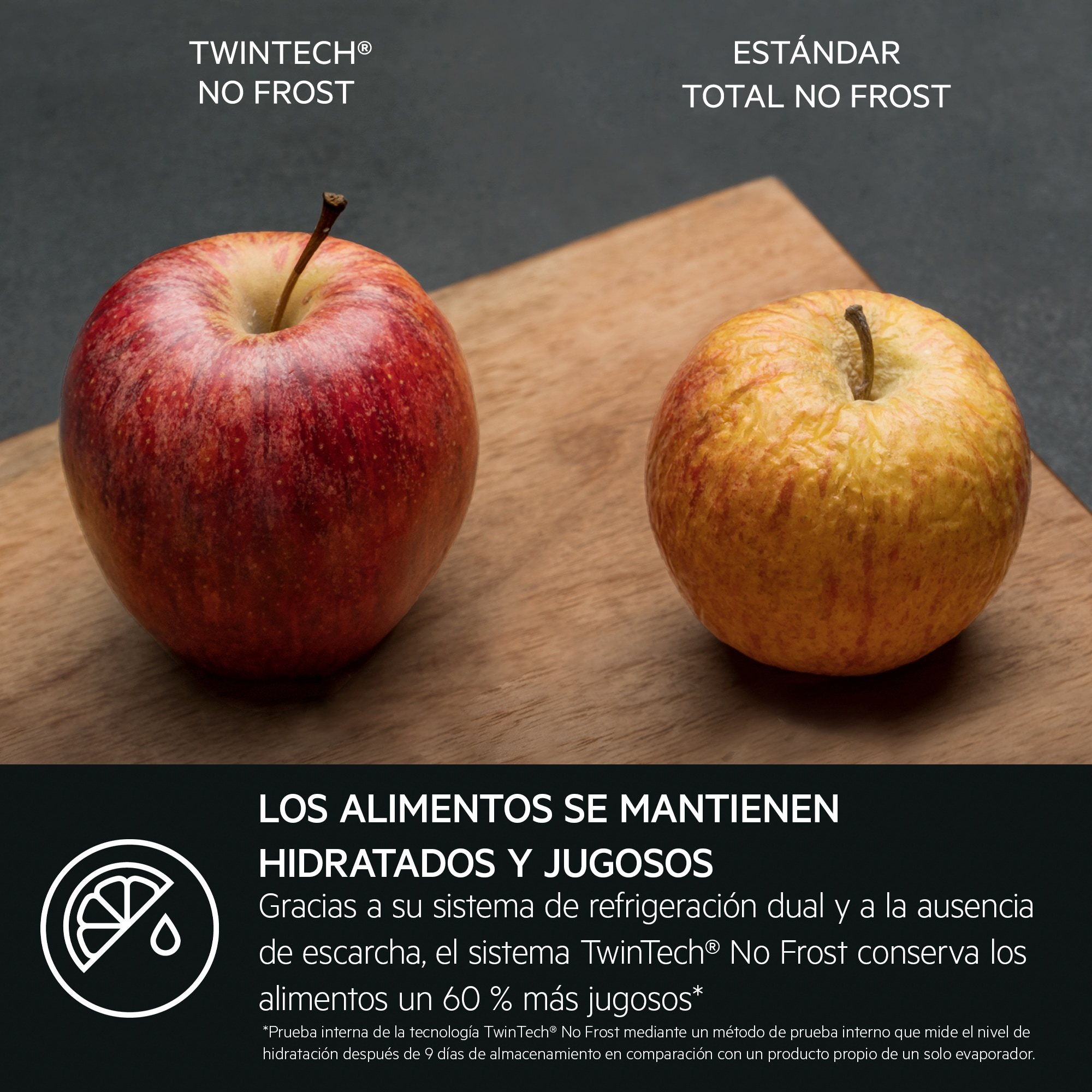 Dos manzanas en una tabla de madera, texto en español sobre hidratación.