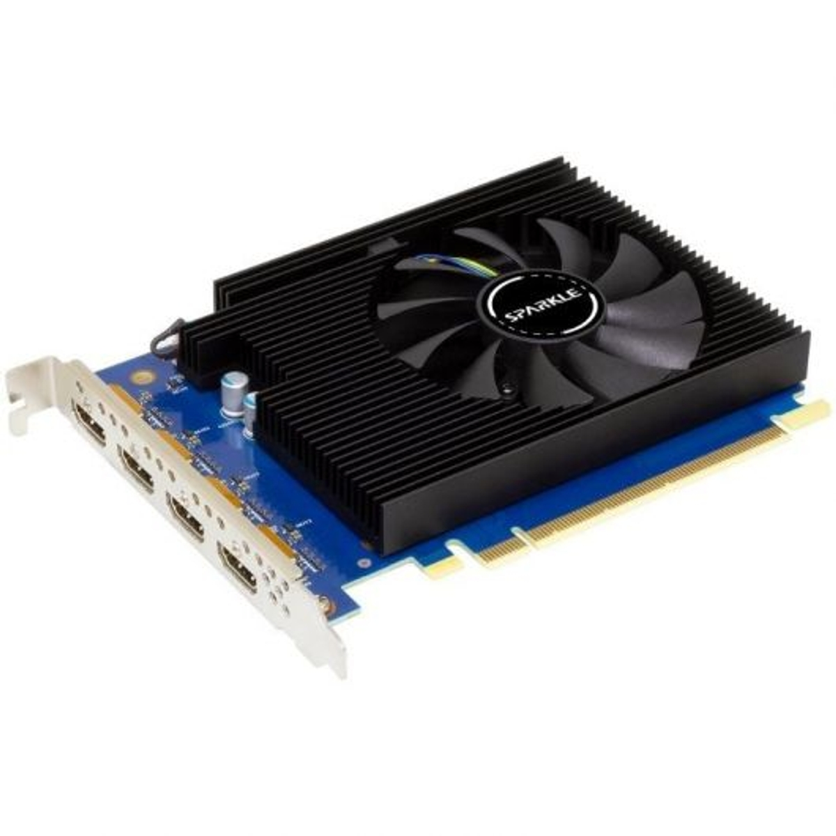 Karta graficzna z wentylatorem i portami, na białym tle.