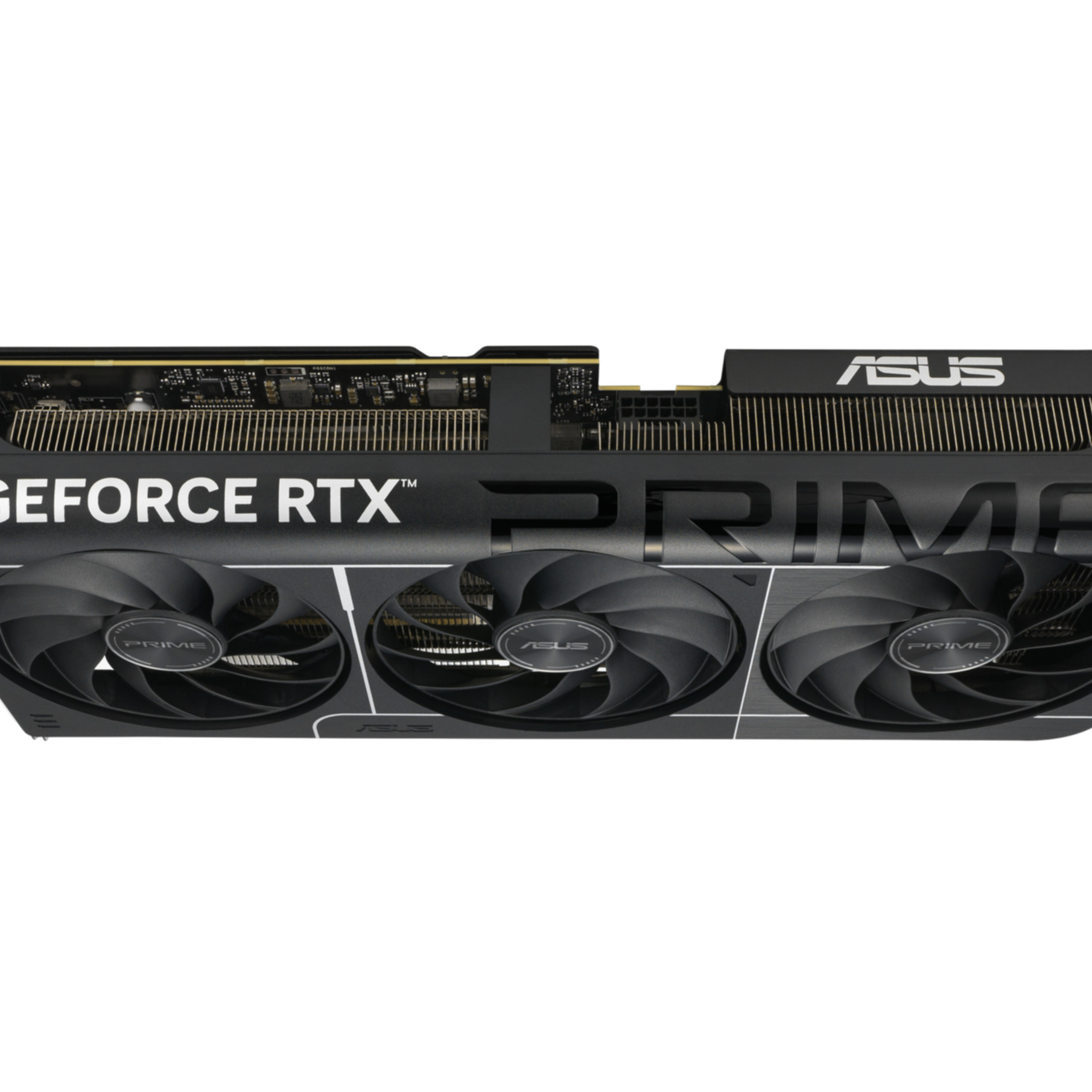 Karta graficzna ASUS GeForce RTX, czarno-srebrna, z trzema wentylatorami.