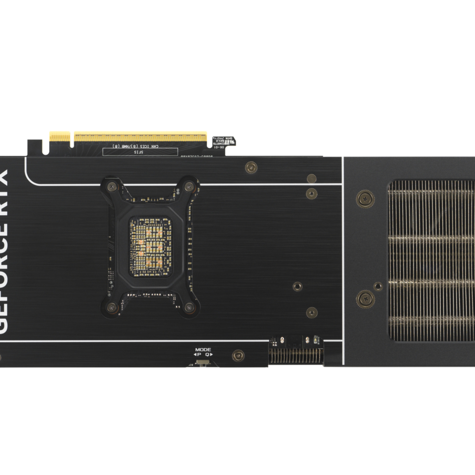 Czarna karta graficzna z dużym radiatorem, wentylatorem i metalową płytą tylną. Jest to komponent.