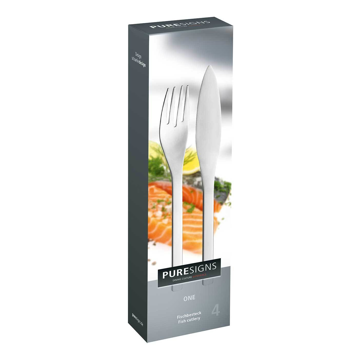 Schachtel mit Fischbesteck. Enthält eine Gabel und ein Messer. Weiß und Silber.