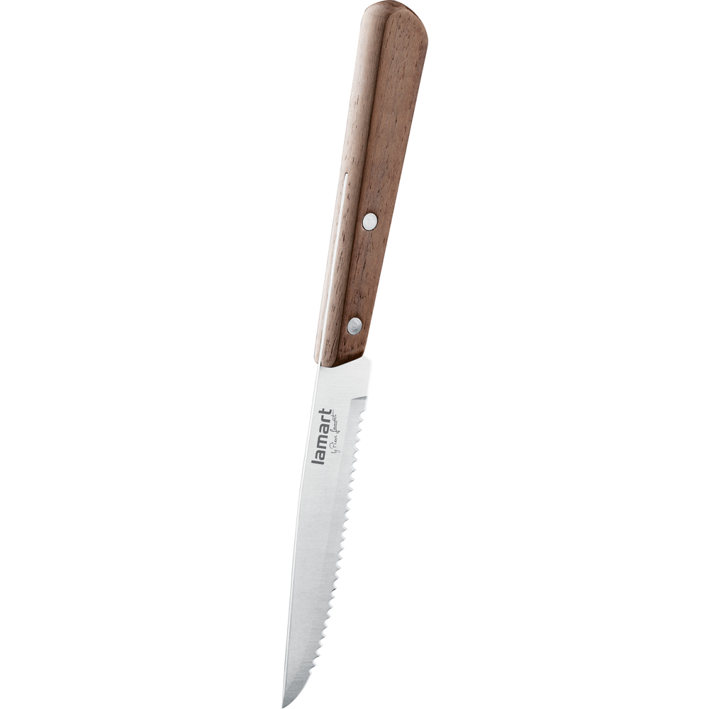 Ein Lamart Steakmesser mit Holzgriff. Die Klinge ist gezahnt. Das Messer liegt auf einer weißen Oberfläche.