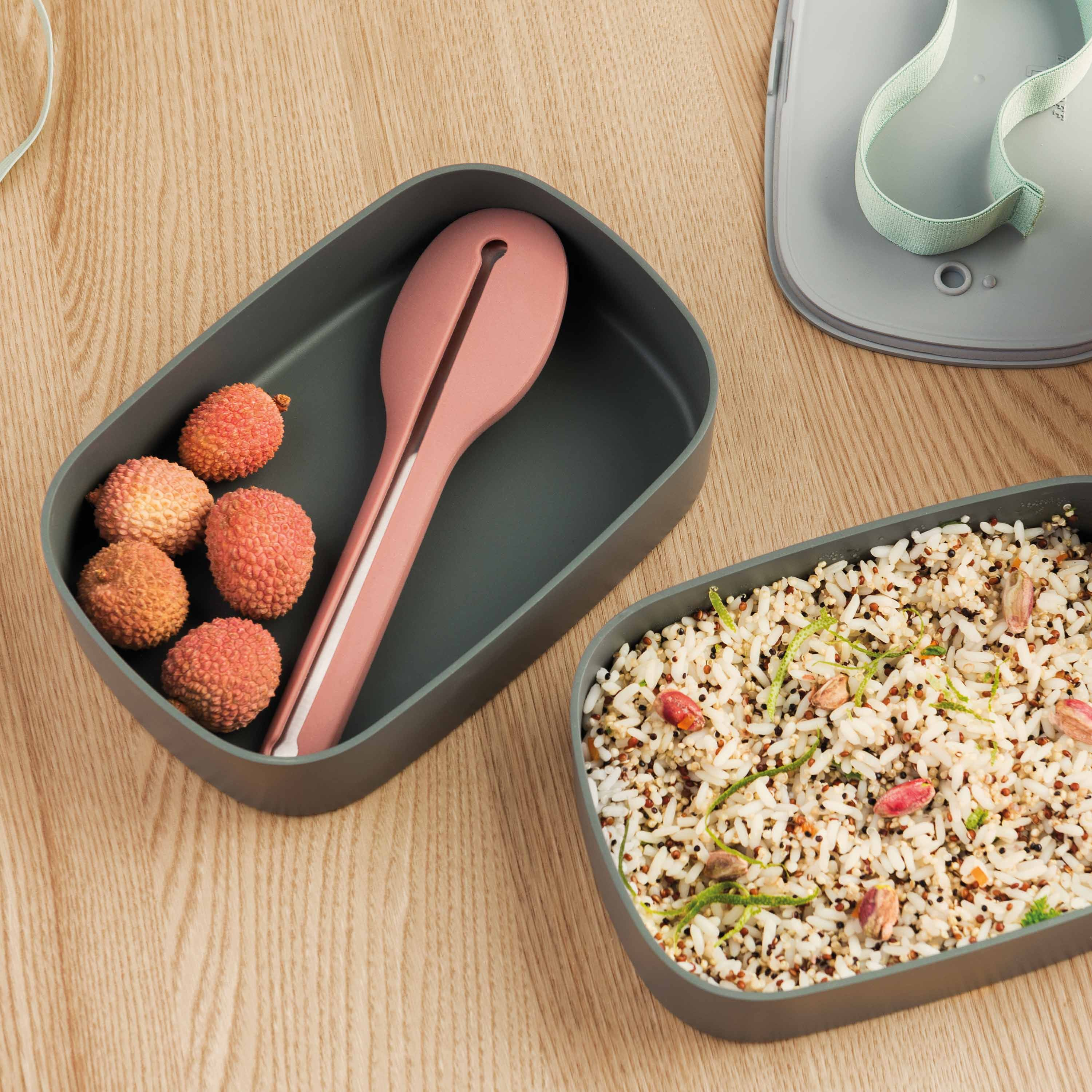 Contenitore per il pranzo con litchi e contenitore con riso e altri cibi, su legno.