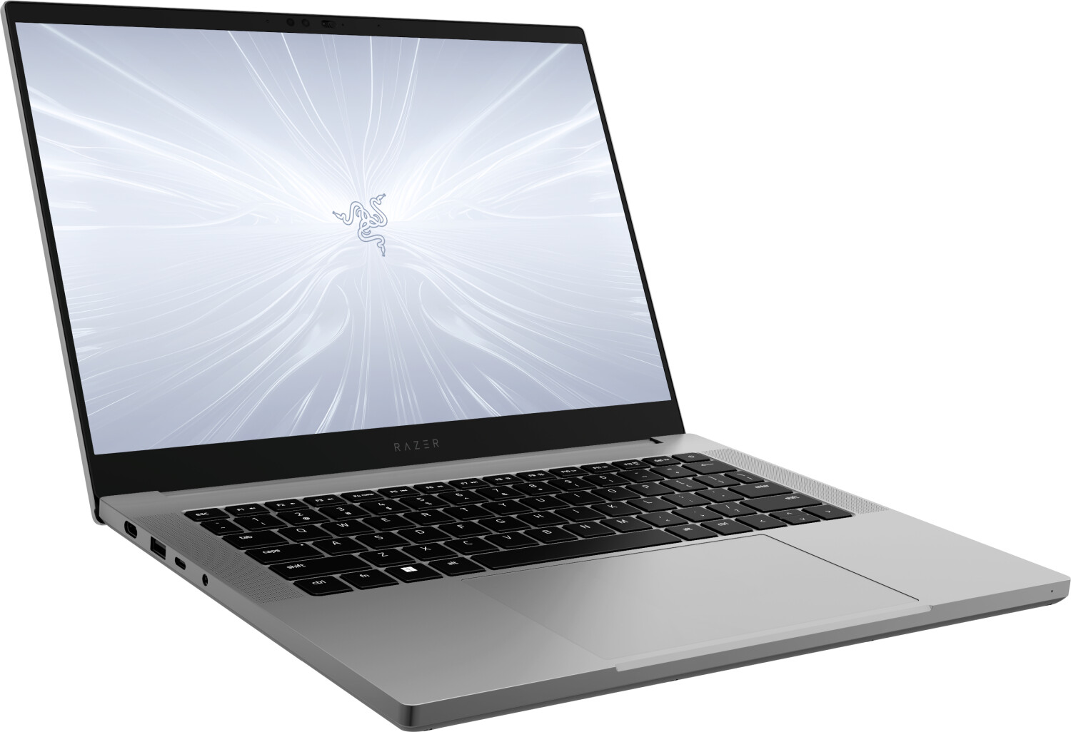 Srebrny laptop z logo Razer na ekranie, pokazujący jasny wzór.