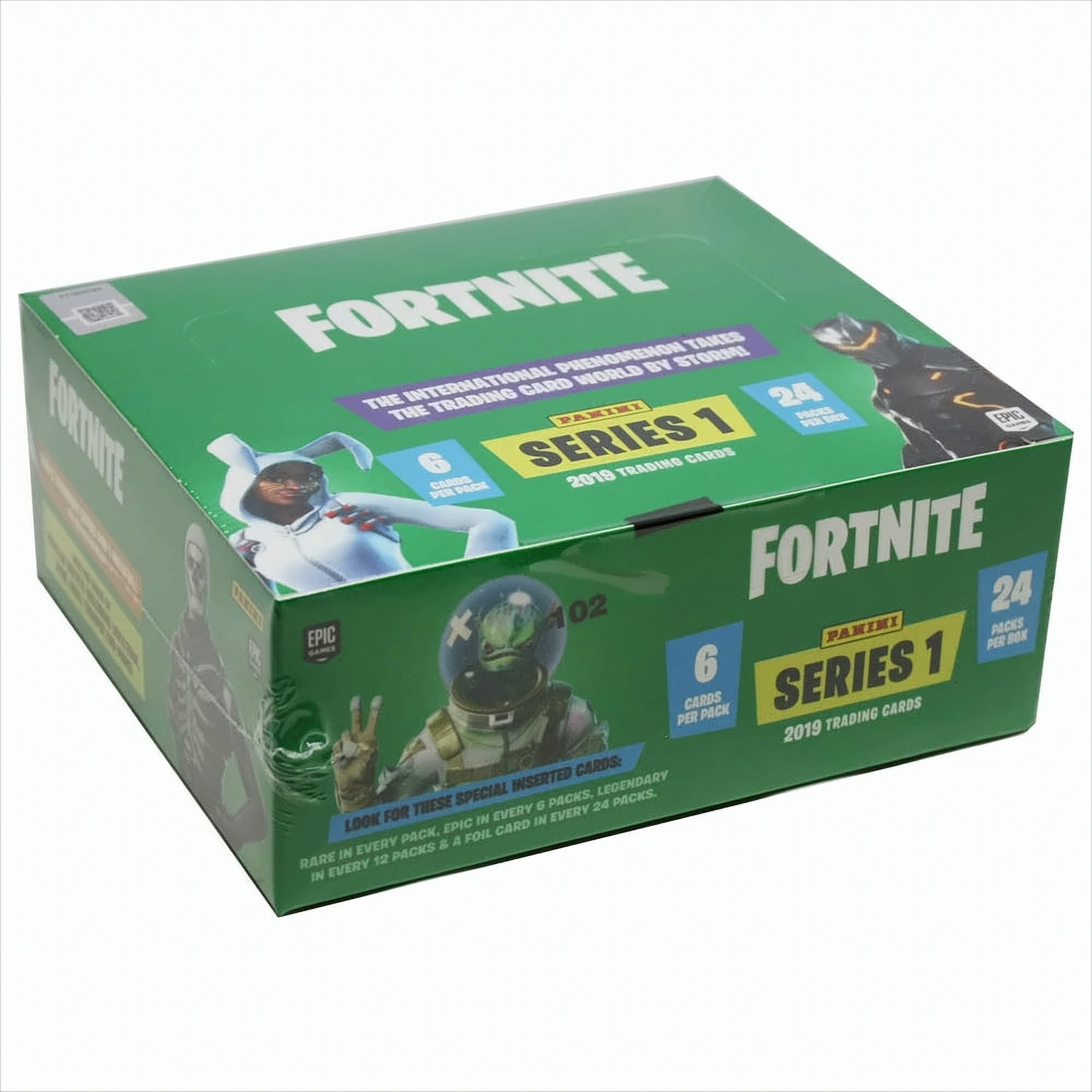 Eine Box mit Fortnite-Sammelkarten mit Spielfiguren und Branding.
