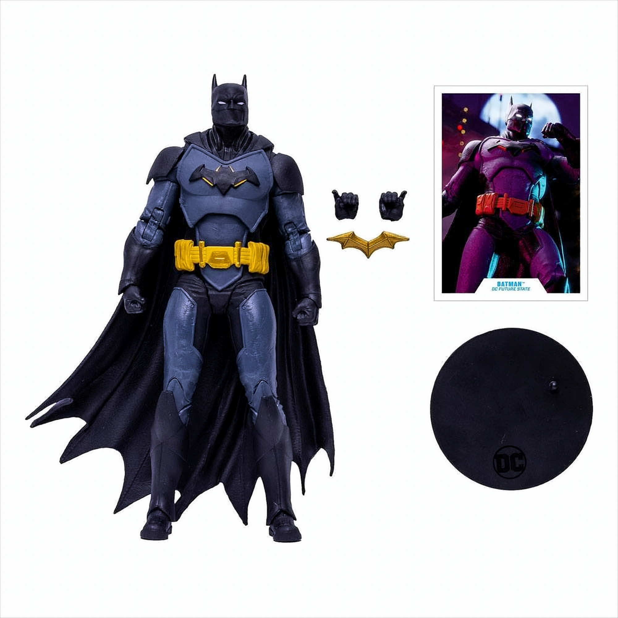 Batman-Actionfigur mit Zubehör und einem Bild.