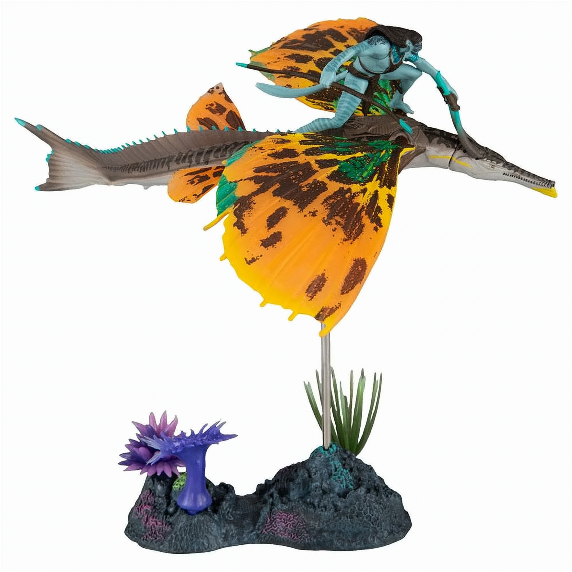Avatar-Figur, die einen Toruk reitet. Die Figur ist blau, der Toruk ist orange und schwarz, auf weißem Hintergrund.