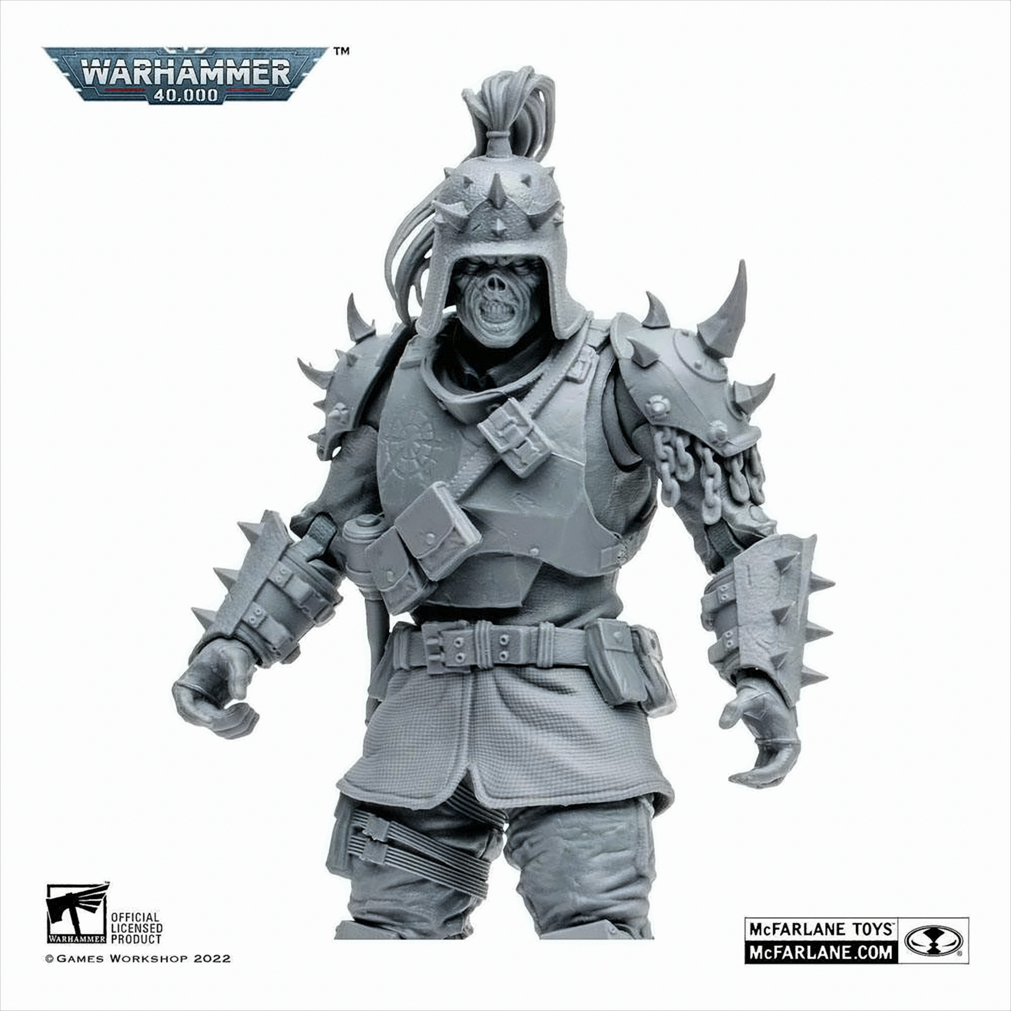 Eine graue Actionfigur mit Stacheln auf der Rüstung und einem grotesken Gesicht.