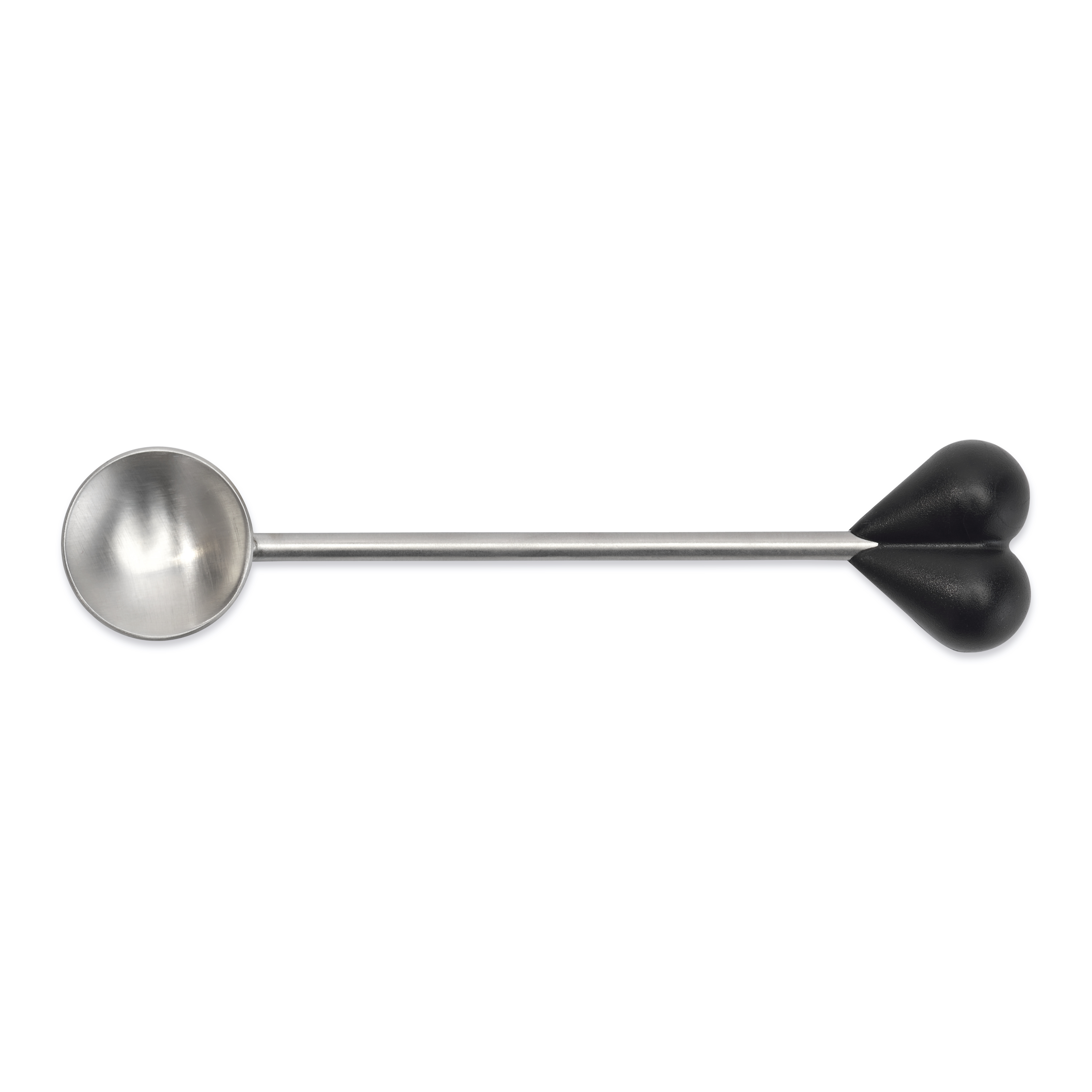 A spoon with a silver bowl and black heart-shaped handle ends.
