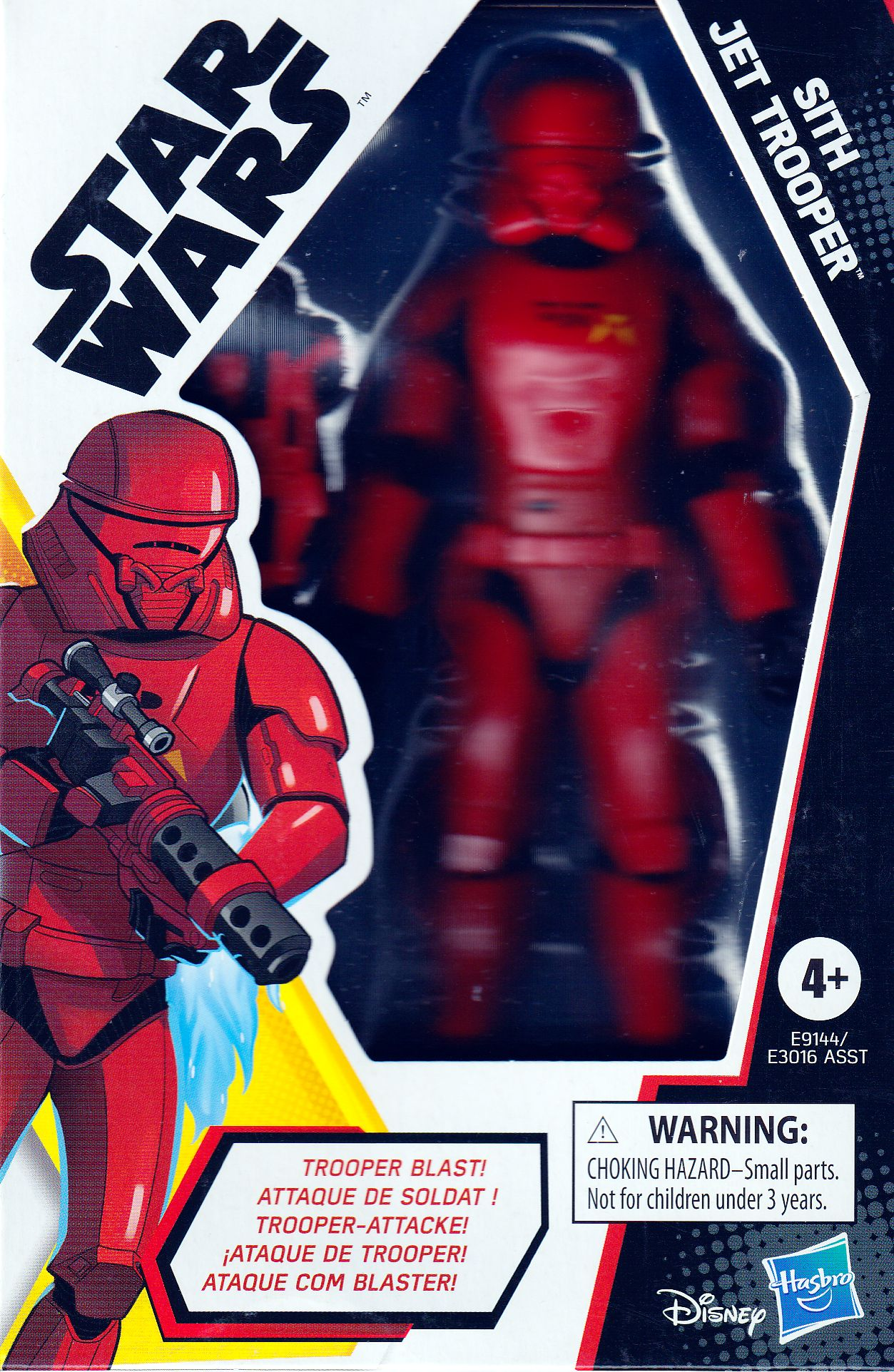 Star Wars Sith Jet Trooper Actionfigur in Box mit Text und Warnhinweisen.
