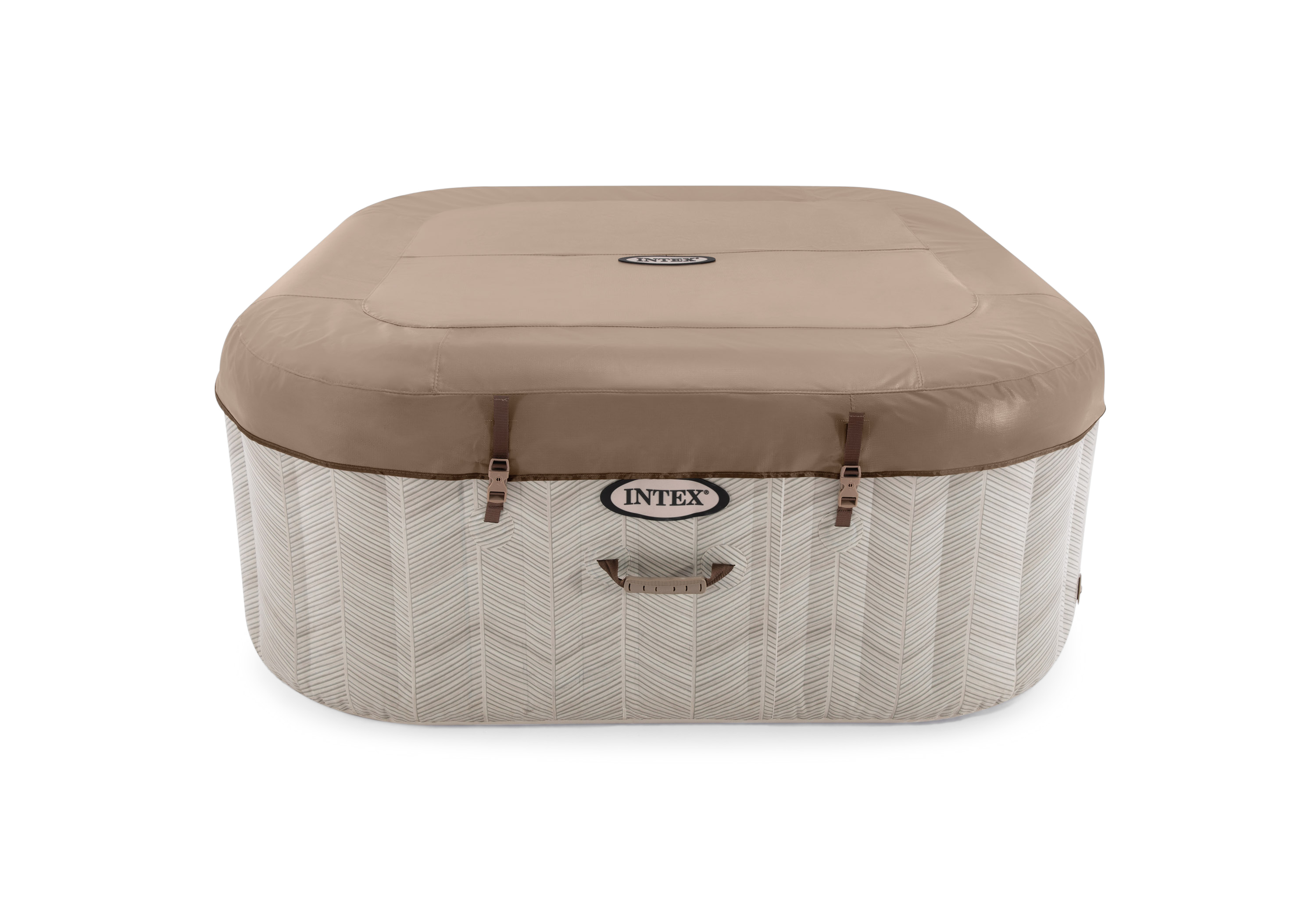 Jacuzzi Intex z beżową pokrywą. Ma brązowy i beżowy wzór.