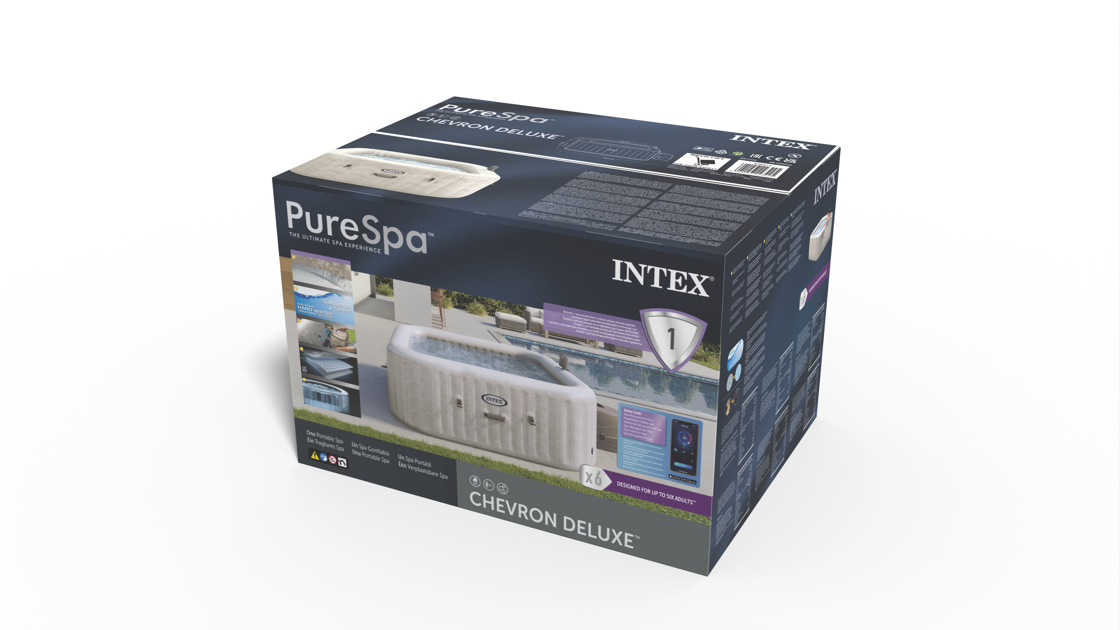 Pudełko PureSpa Chevron Deluxe. Pokazuje spa i tekst na białym tle.