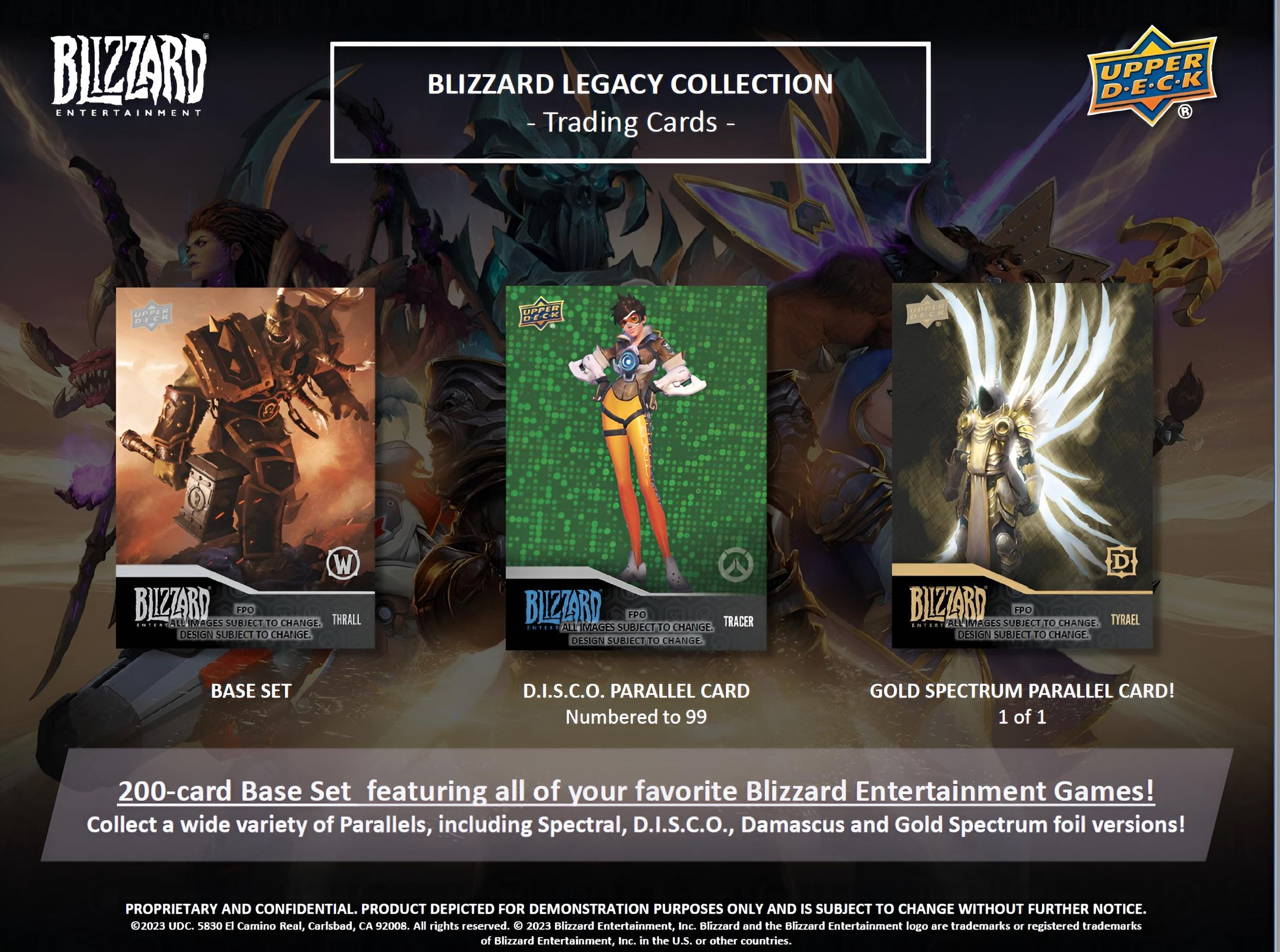 Sammelkarten mit Blizzard-Charakteren. Enthält Thrall, Tracer und einen weißen Engel.