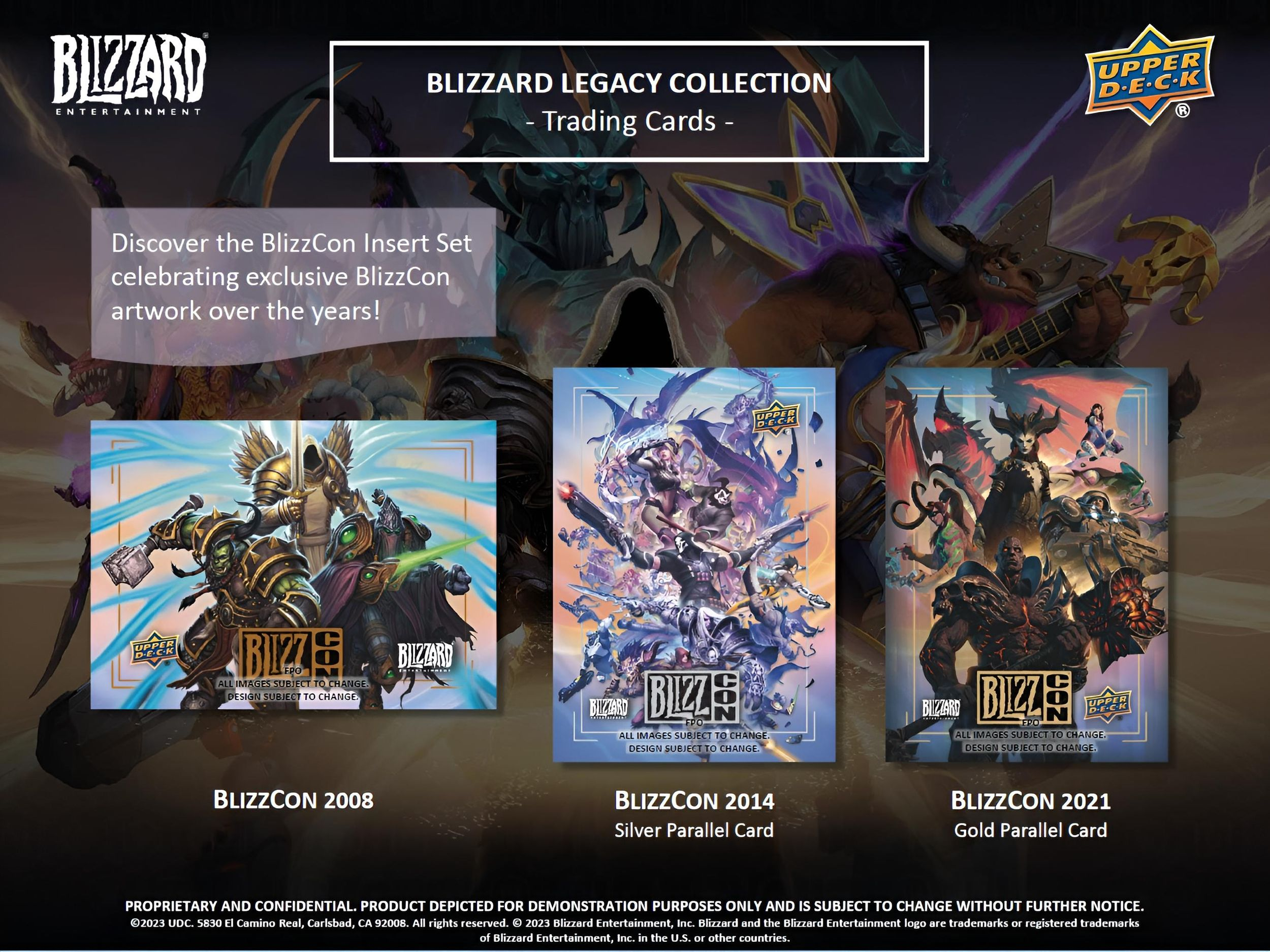Blizzard Legacy Collection Trading Cards. Karten von BlizzCon 2008, 2014 und 2021 werden angezeigt.