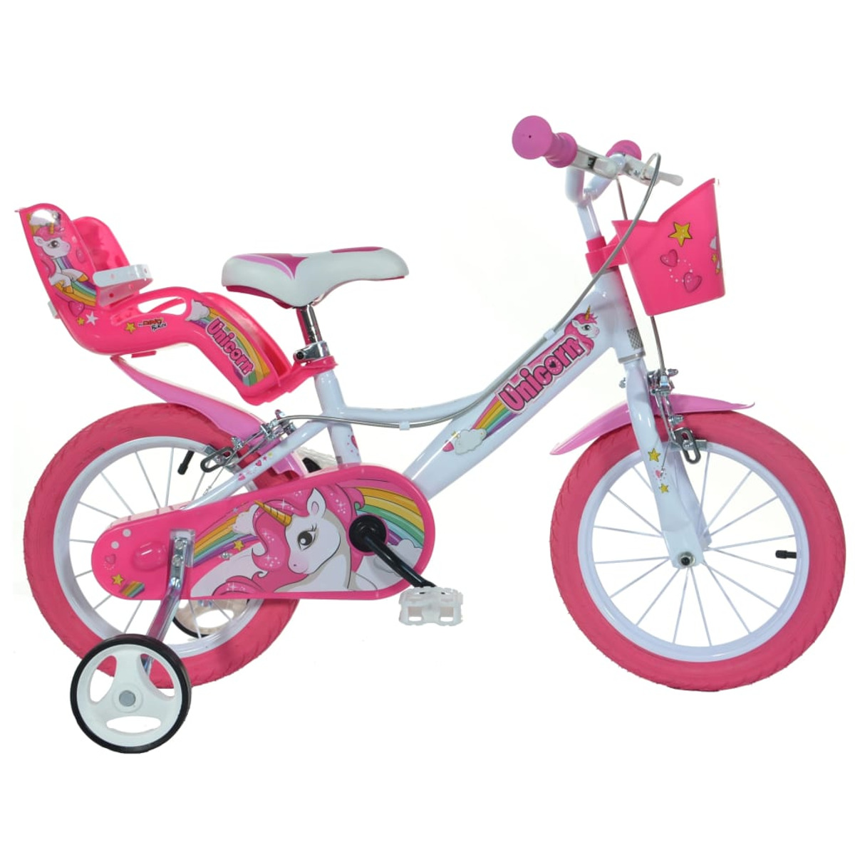 Bicicletta unicorno rosa e bianca con rotelle e un cestino su sfondo bianco.