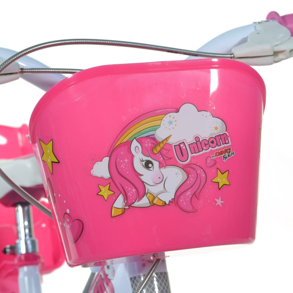 Cestino per bicicletta rosa con disegno di unicorno. Arcobaleno, stelle e la parola 'Unicorn'.