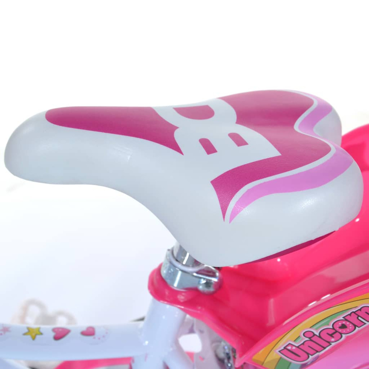 Una sella rosa e bianca con logo 'BC' su telaio bici rosa.
