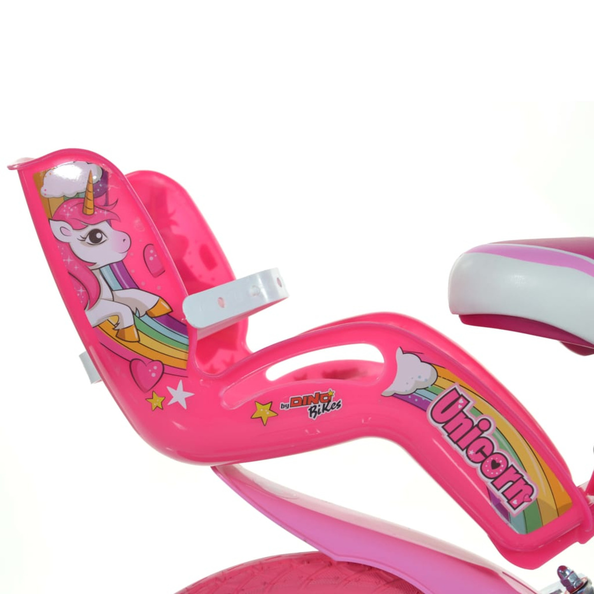 Primo piano di un seggiolino per bici rosa con design unicorno e arcobaleno, sfondo bianco.