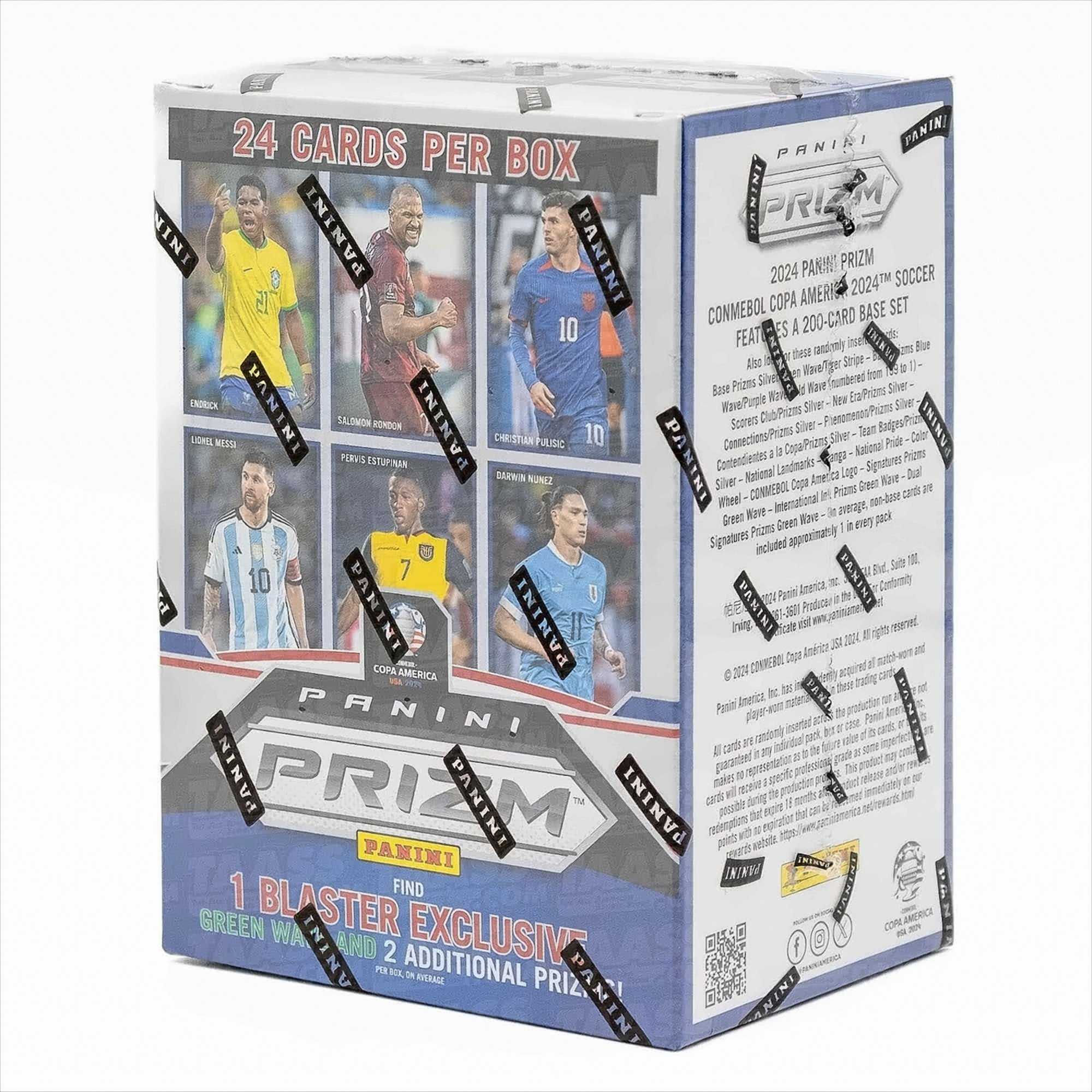Trading Card Box mit Fußballspielern. Prizm-Marke, weißer Hintergrund. Enthält 24 Karten.